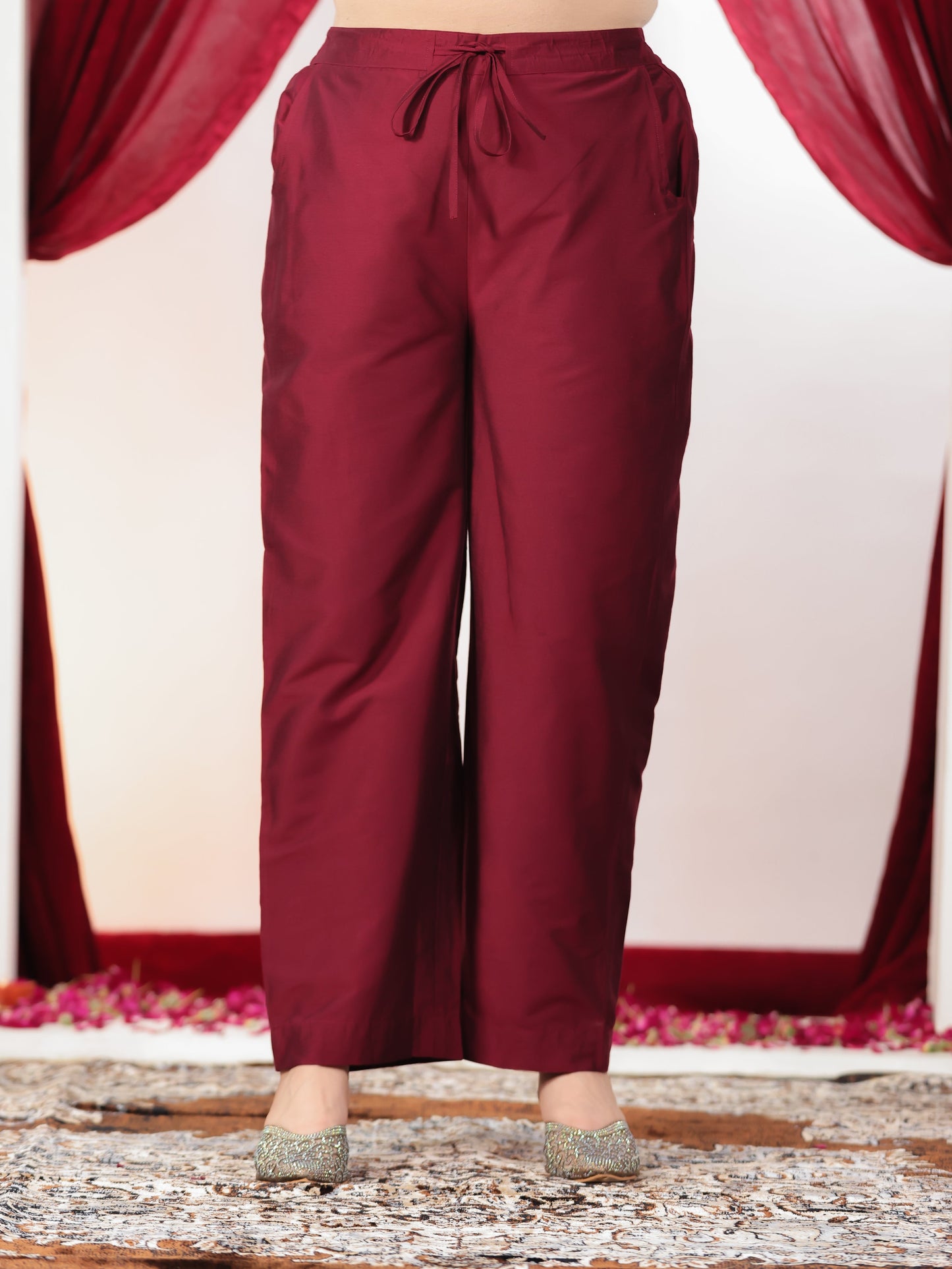 Embroidered Roman silk Gold foil Straight Maroon Kurta