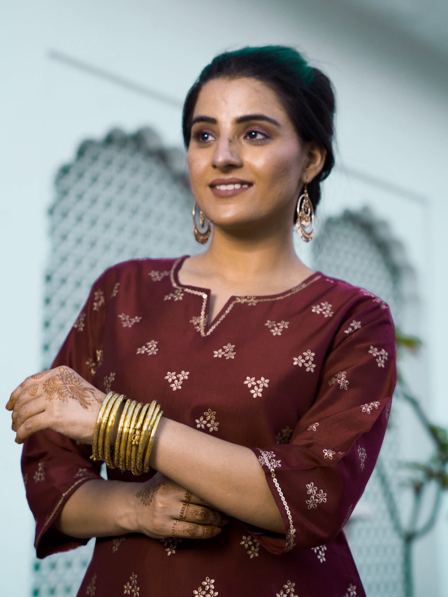 Embroidered Chinon Gold foil Straight Maroon Kurta