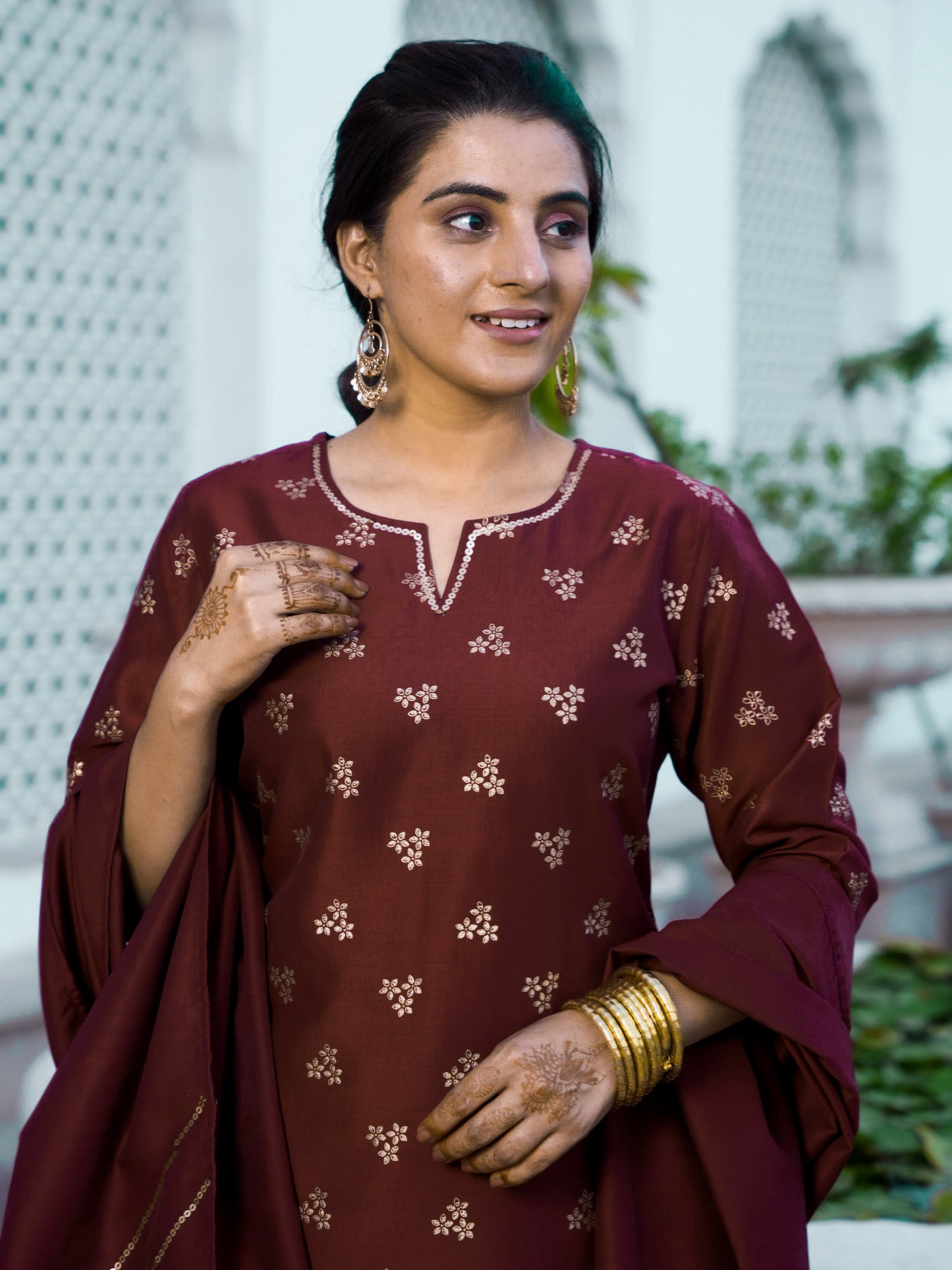 Embroidered Chinon Gold foil Straight Maroon Kurta
