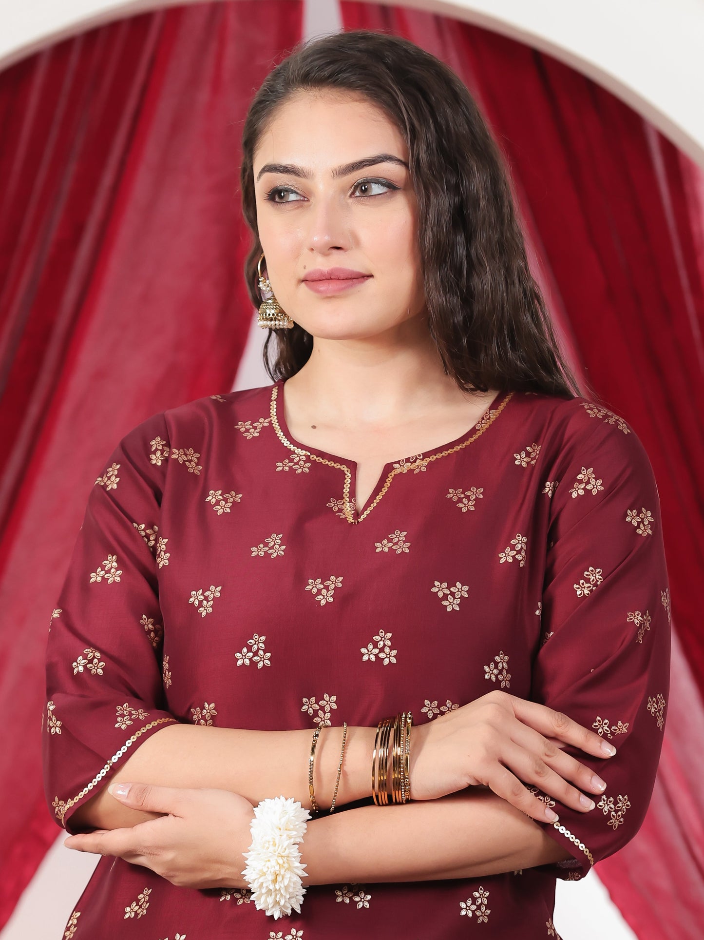 Embroidered Roman silk Gold foil Straight Maroon Kurta