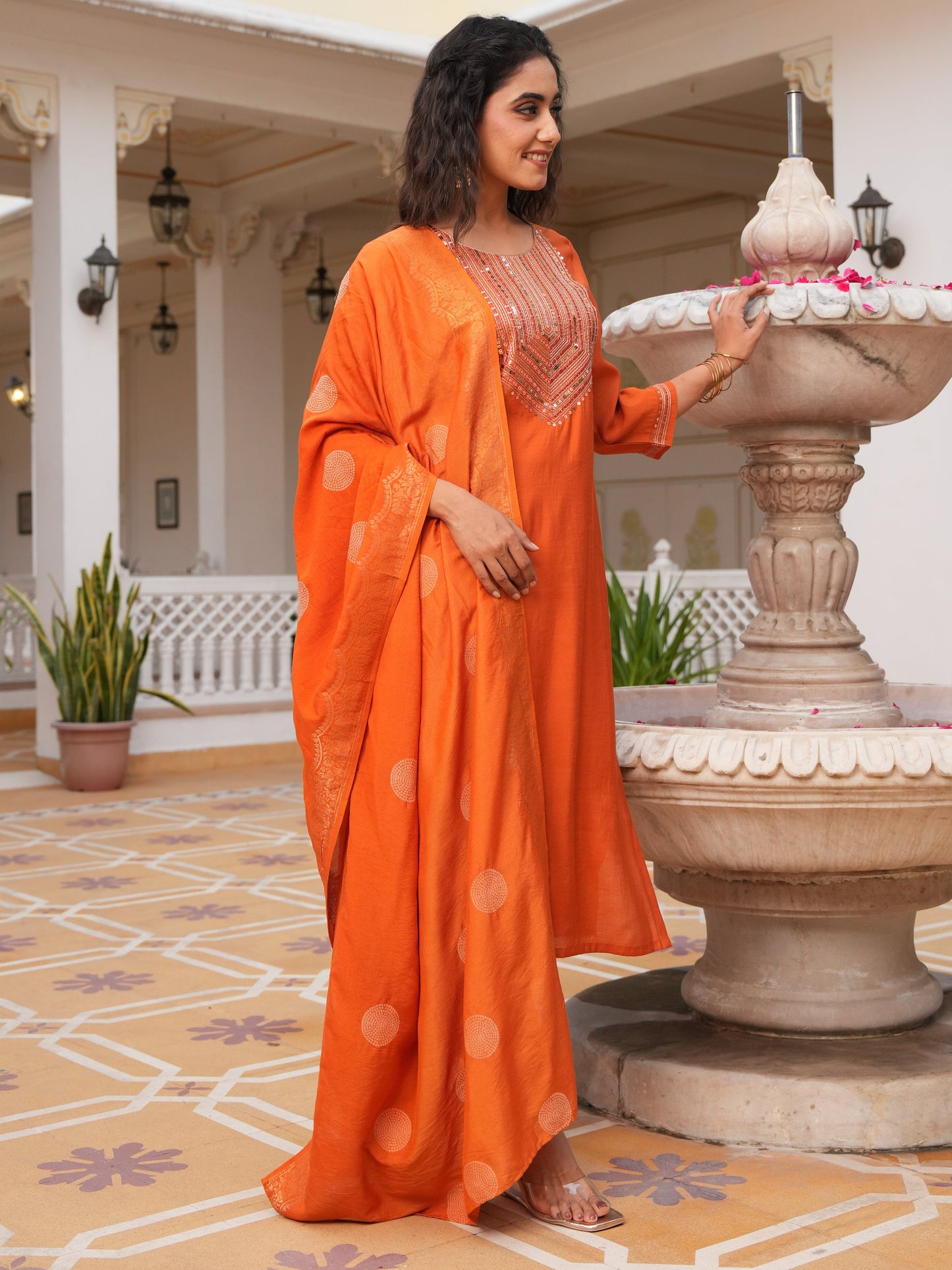 Embroidered Poly Silk Rust Orange Kurta