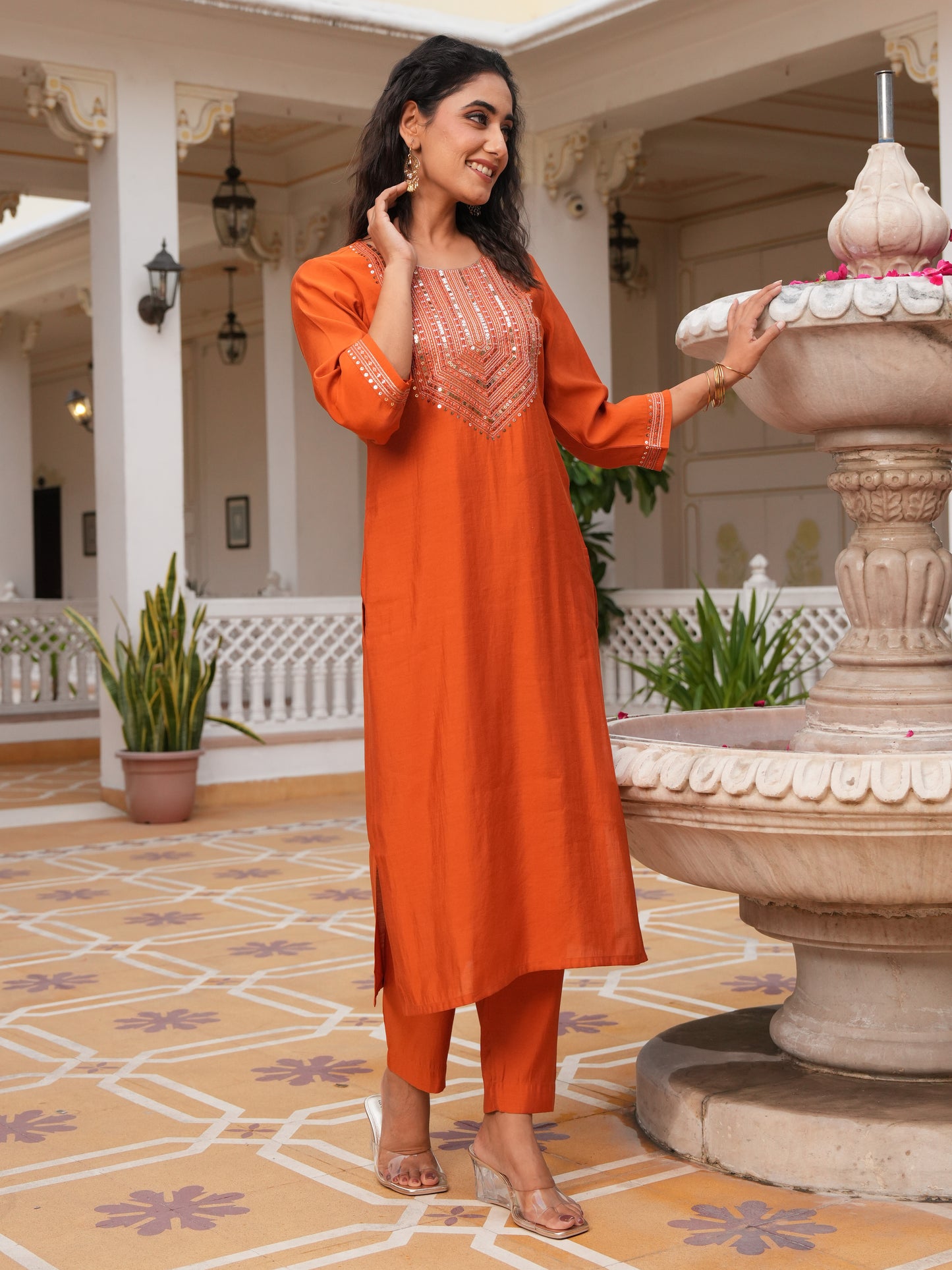 Embroidered Blended Silk Rust Straight Orange Kurta