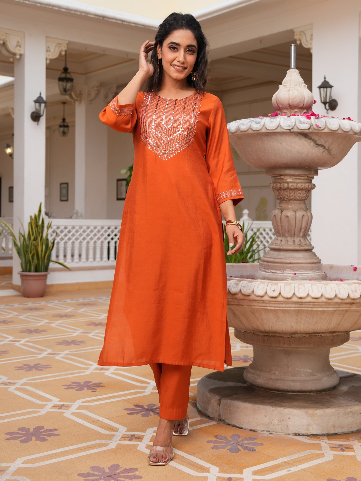 Embroidered Blended Silk Rust Straight Orange Kurta