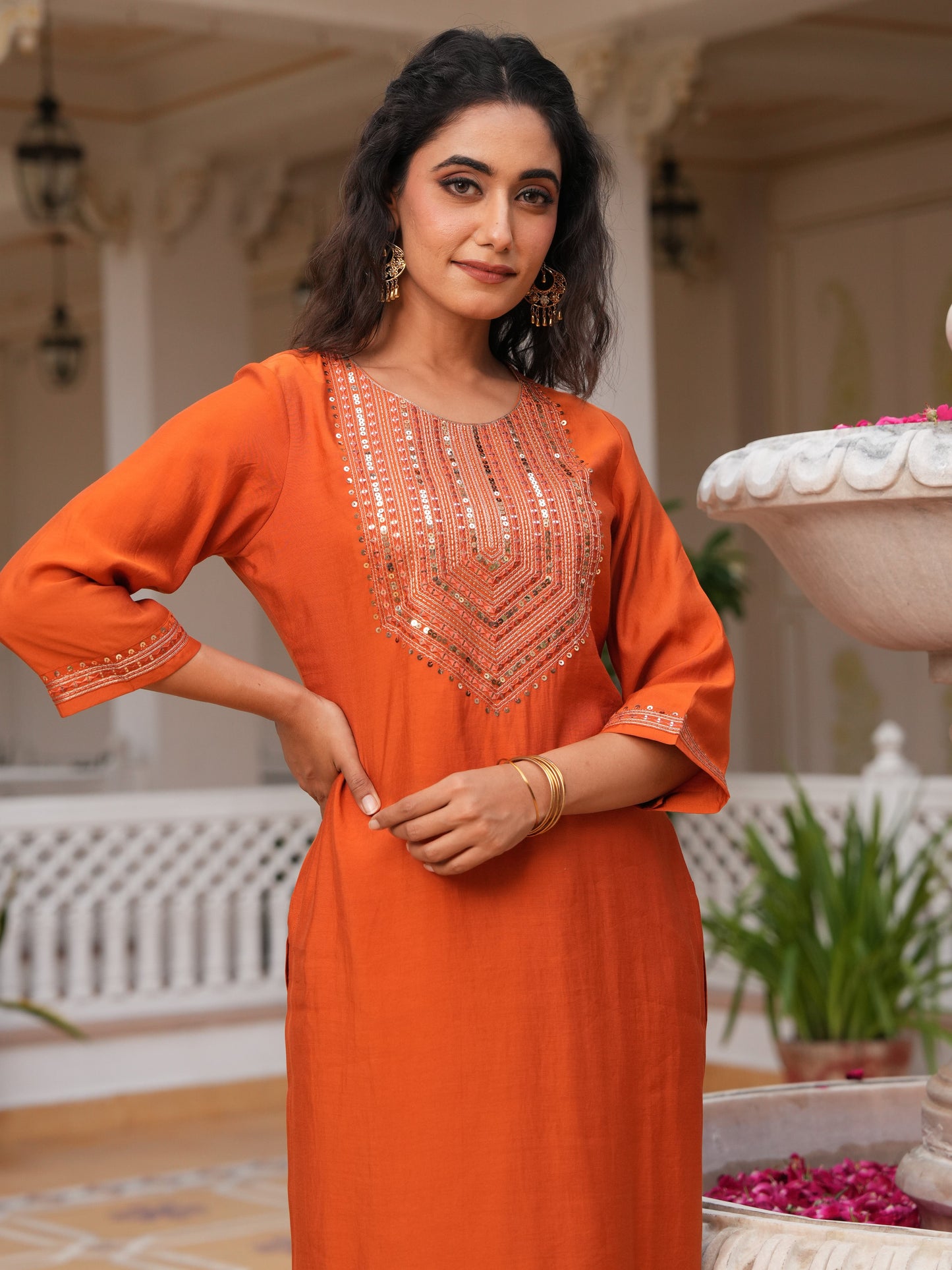 Embroidered Poly Silk Rust Orange Kurta