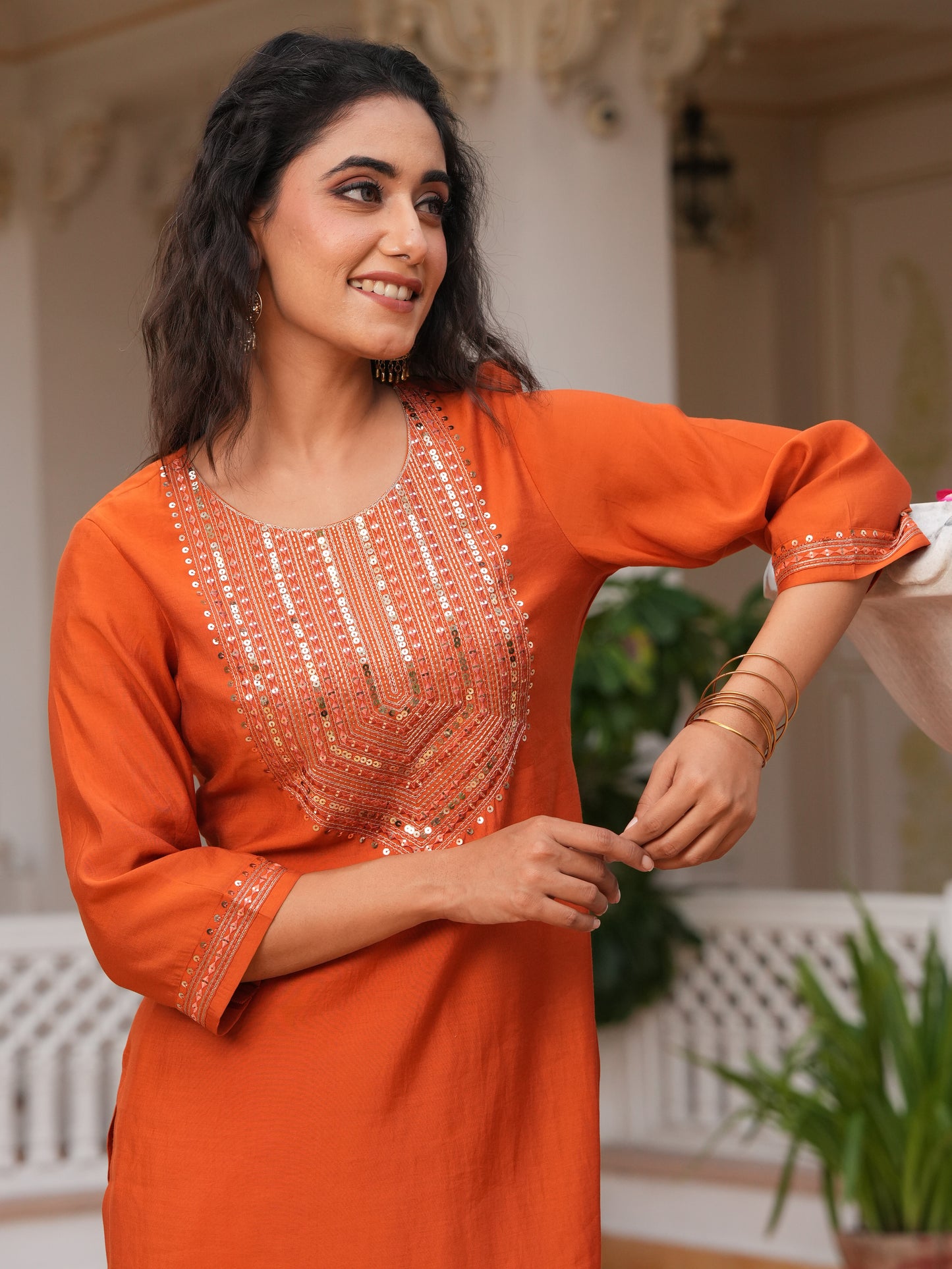 Embroidered Blended Silk Rust Straight Orange Kurta