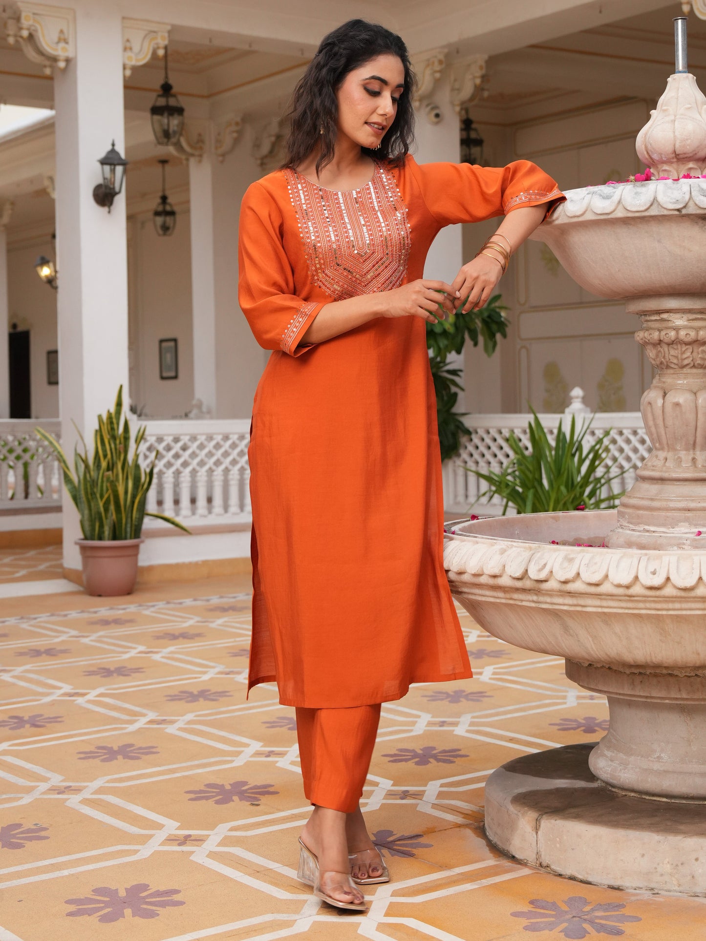 Embroidered Poly Silk Rust Orange Kurta