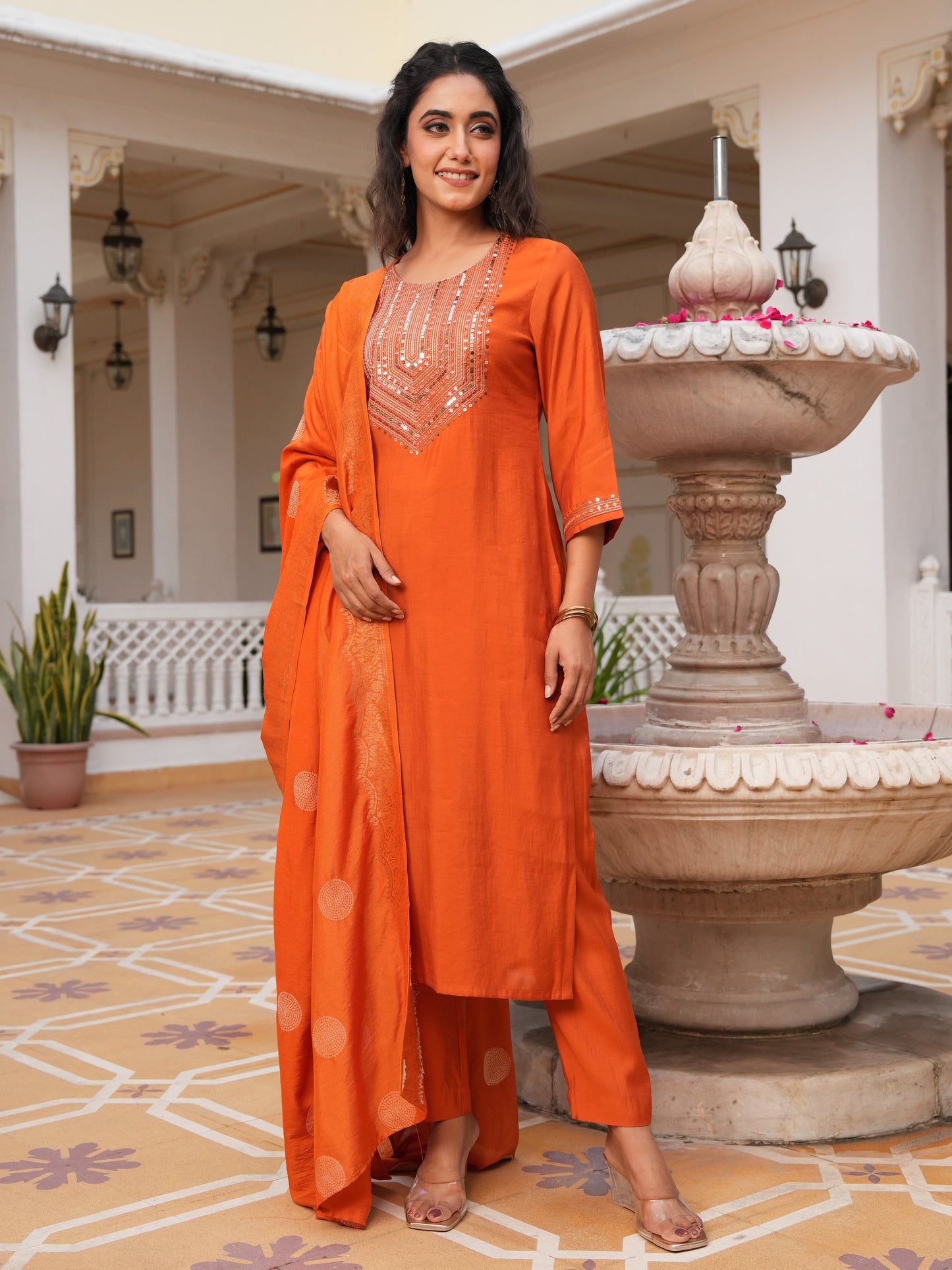 Embroidered Poly Silk Rust Orange Kurta