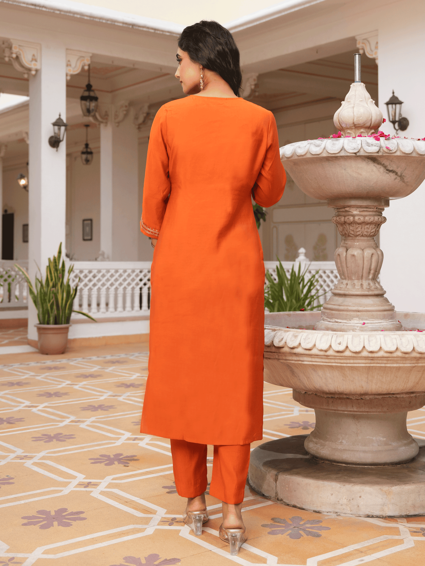 Embroidered Blended Silk Rust Straight Orange Kurta