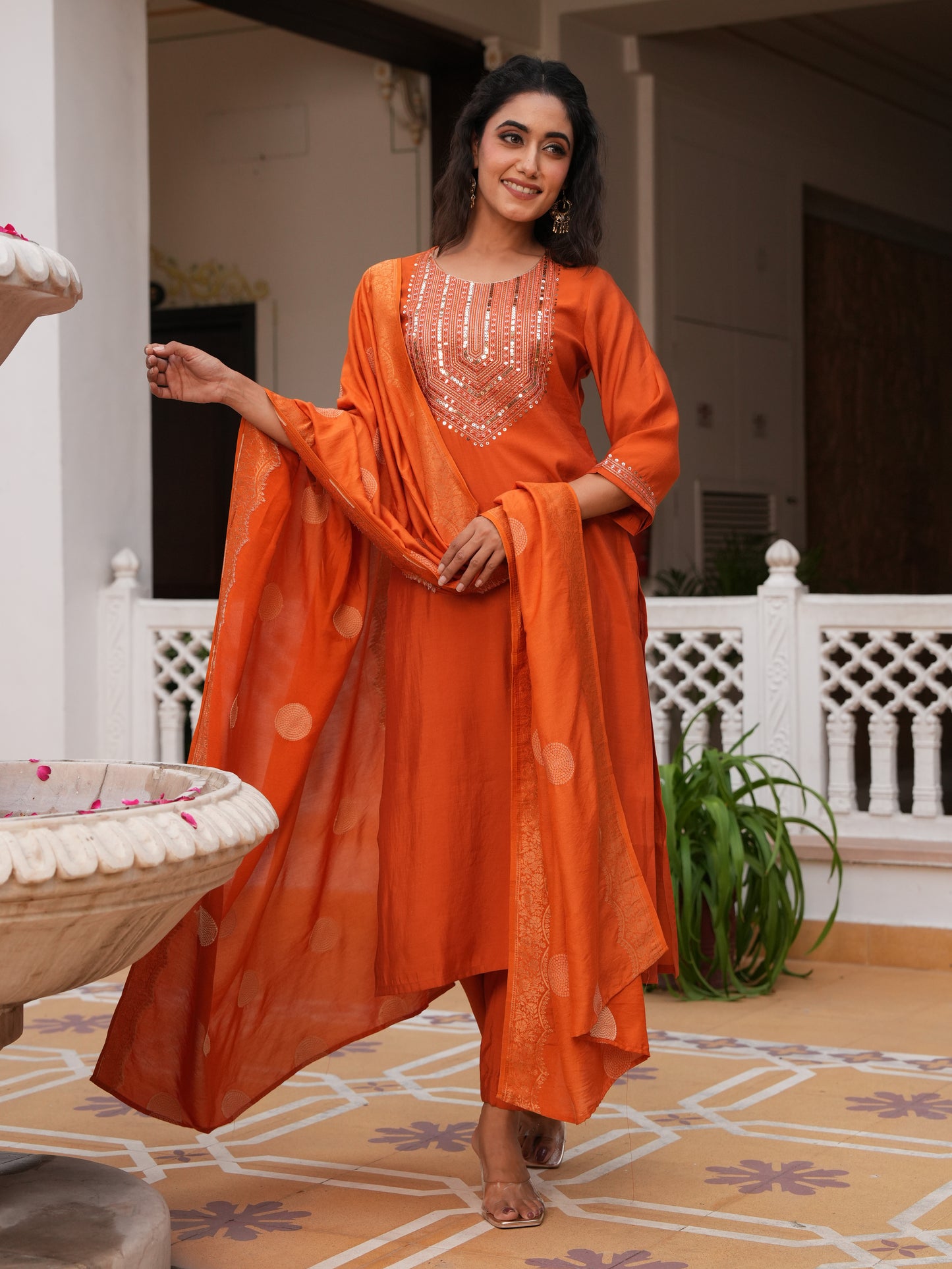 Embroidered Blended Silk Rust Straight Orange Kurta