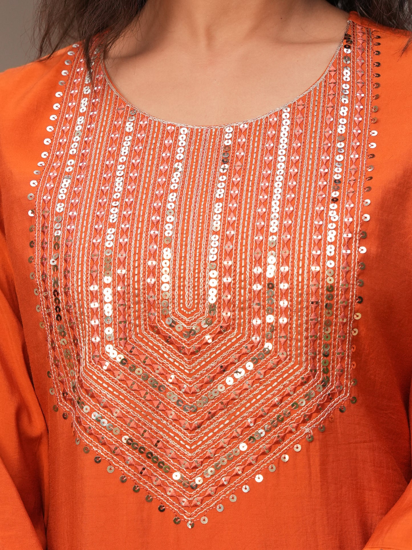 Embroidered Blended Silk Rust Straight Orange Kurta