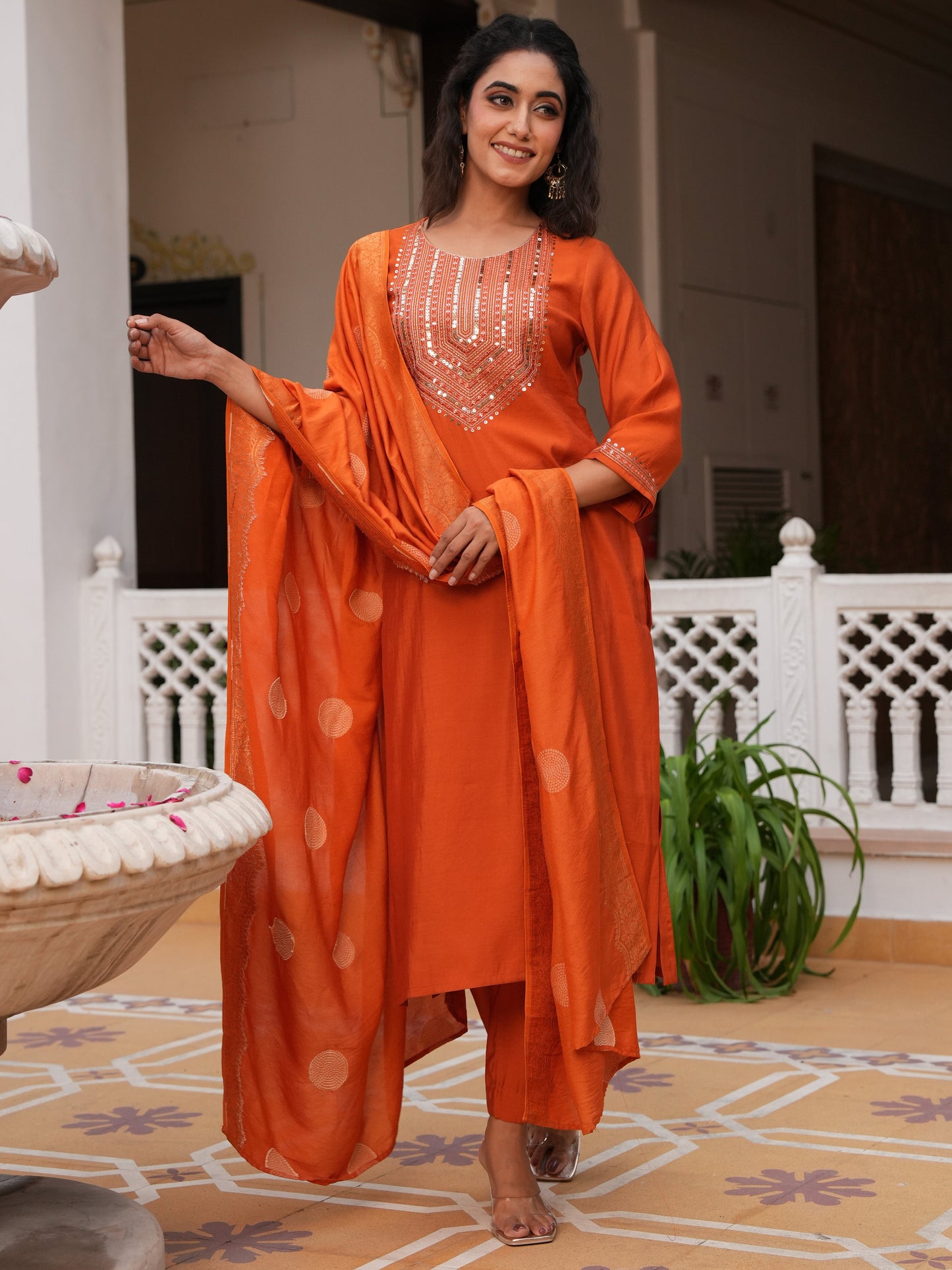 Embroidered Poly Silk Rust Orange Kurta