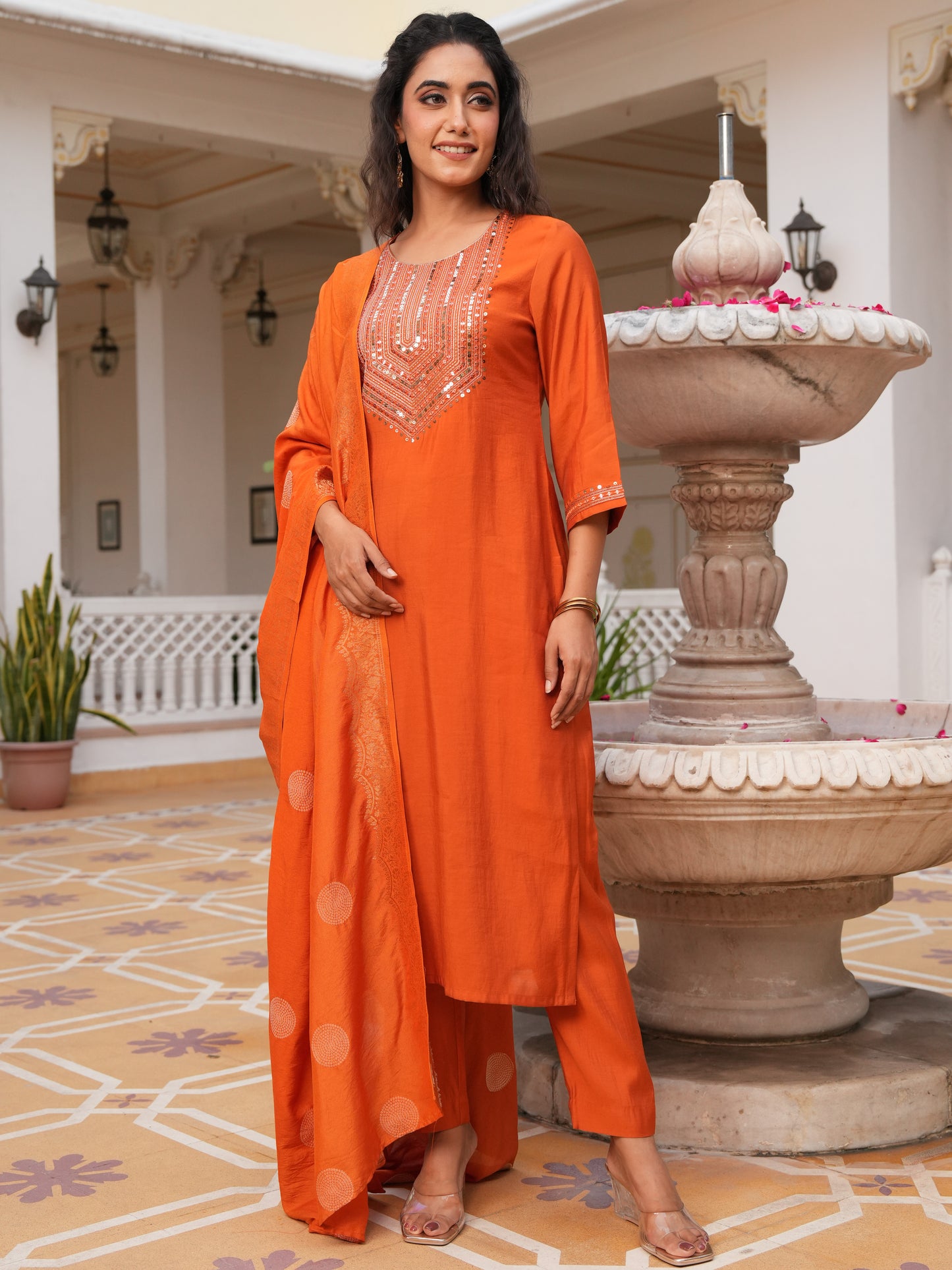 Embroidered Blended Silk Rust Straight Orange Kurta