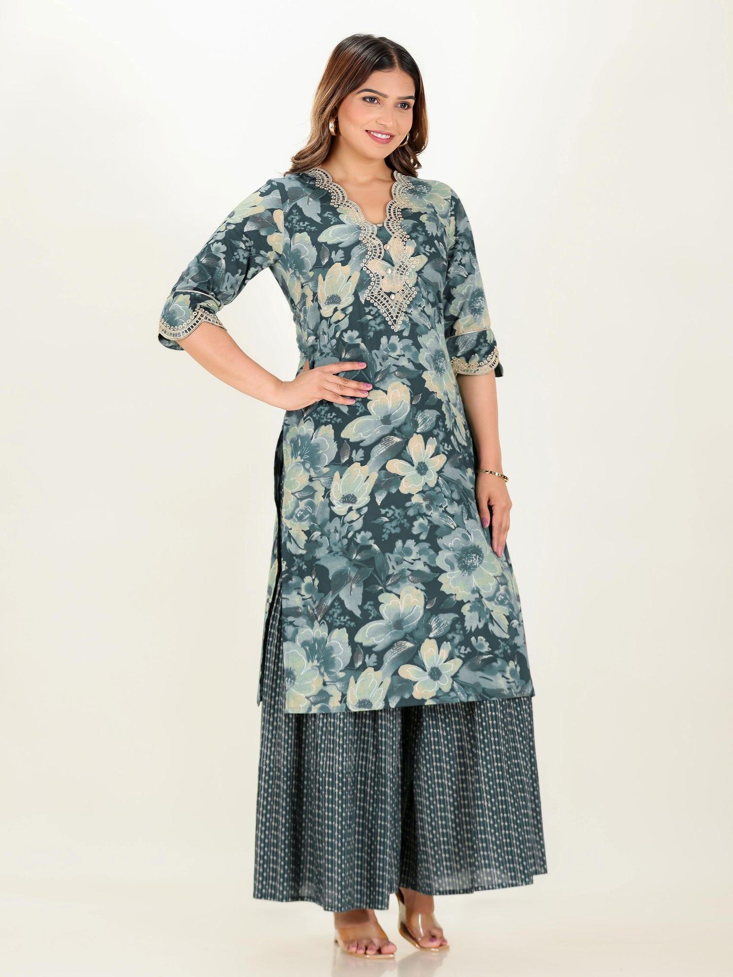 Embroidered Soft Cotton Floral Straight Teal Kurta