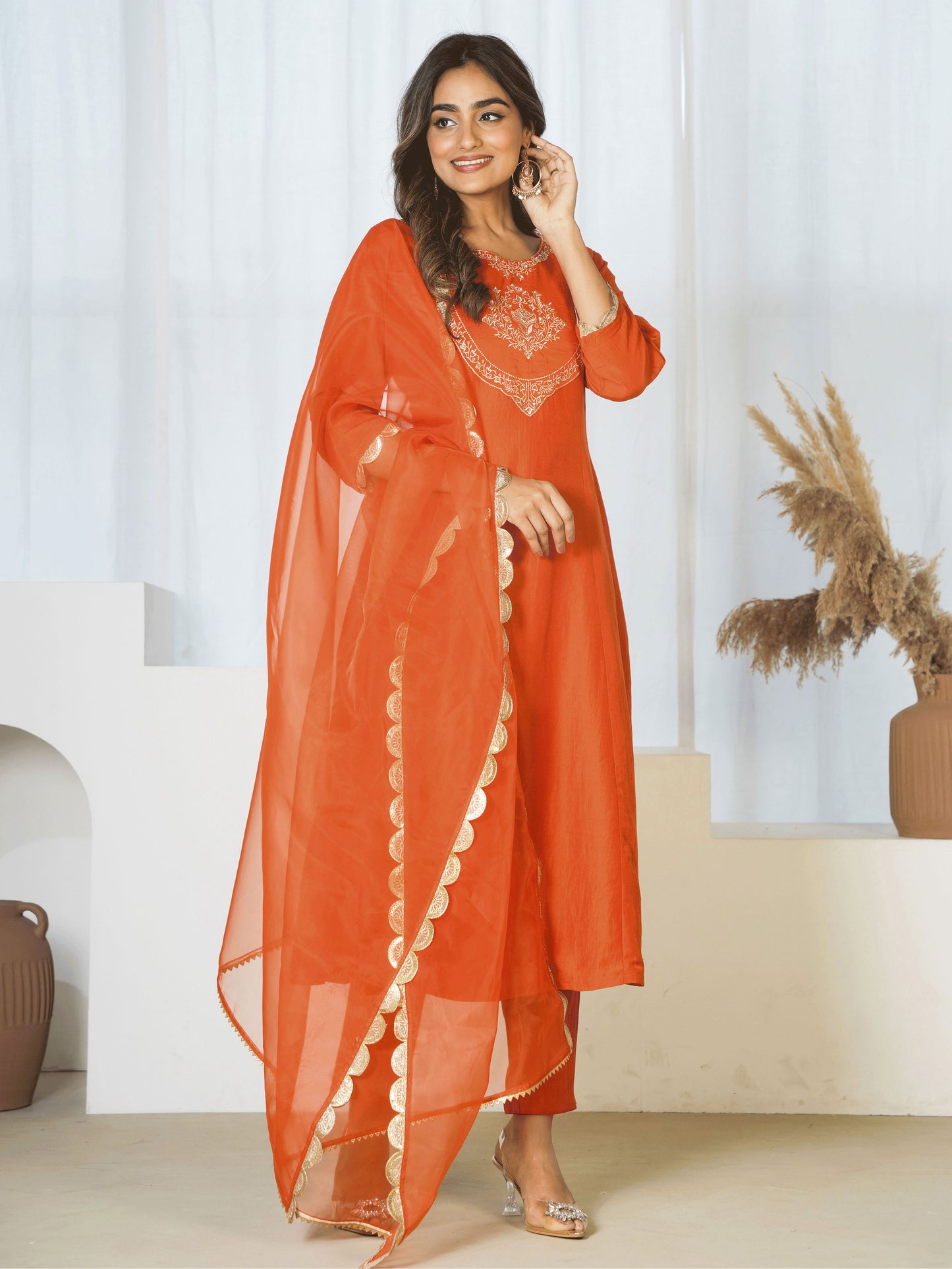 Embroidered Chanderi Solid A-line Rust Orange Kurta