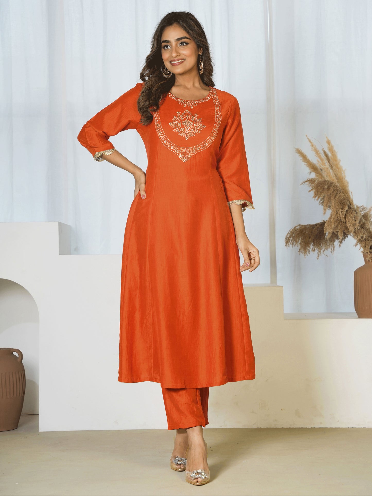 Embroidered Chanderi Solid A-line Rust Orange Kurta