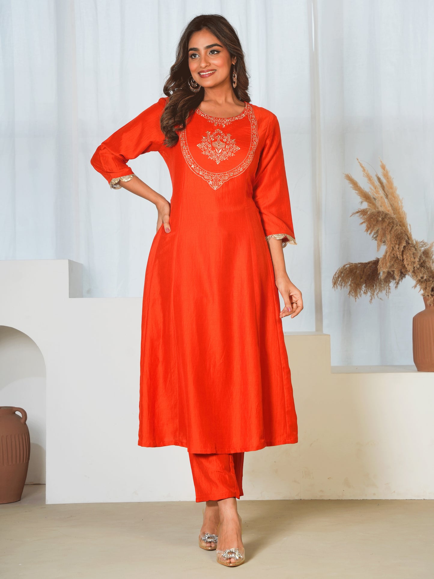 Embroidered Roman silk Solid Rust Orange Kurta