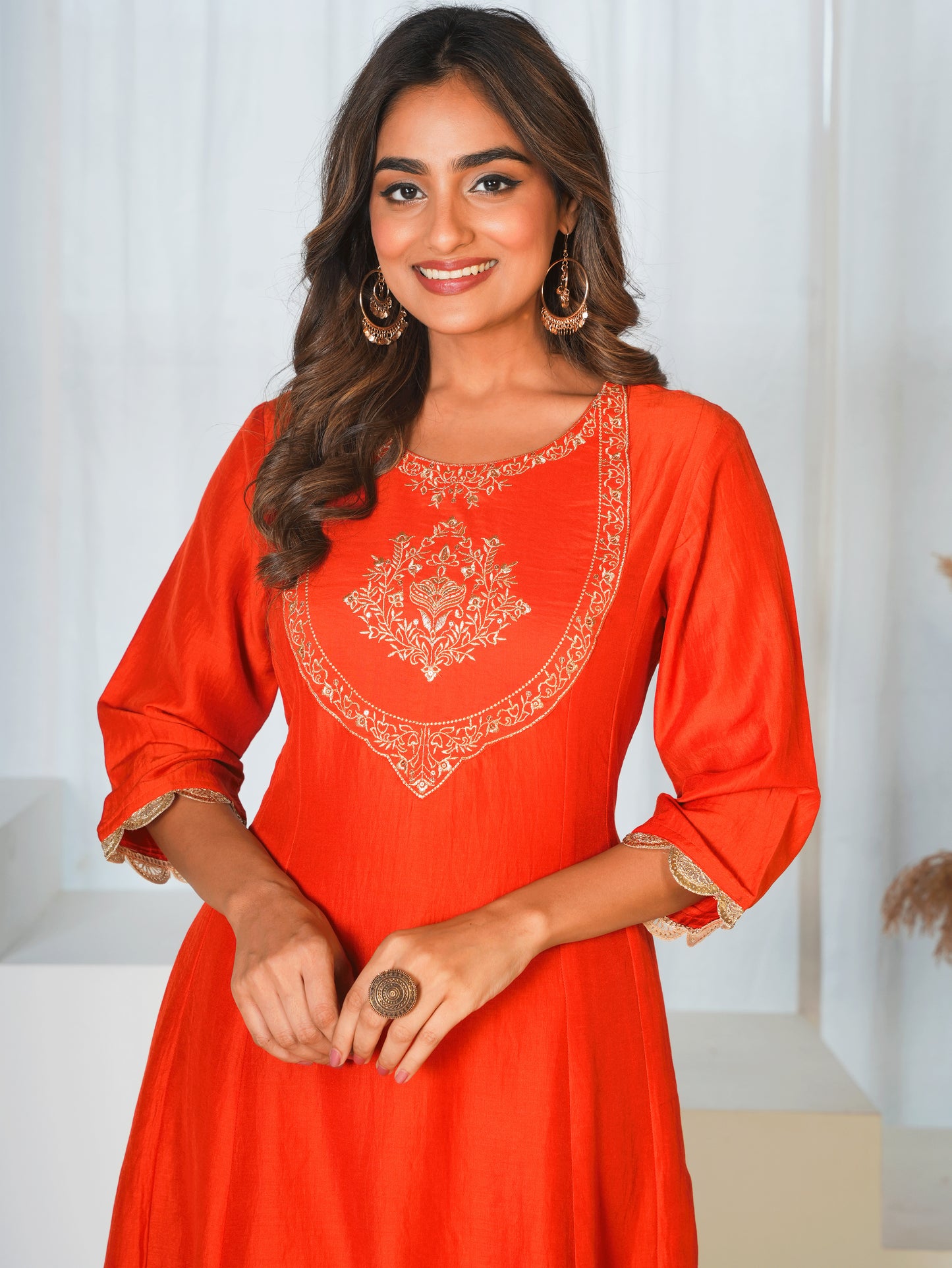 Embroidered Roman silk Solid Rust Orange Kurta