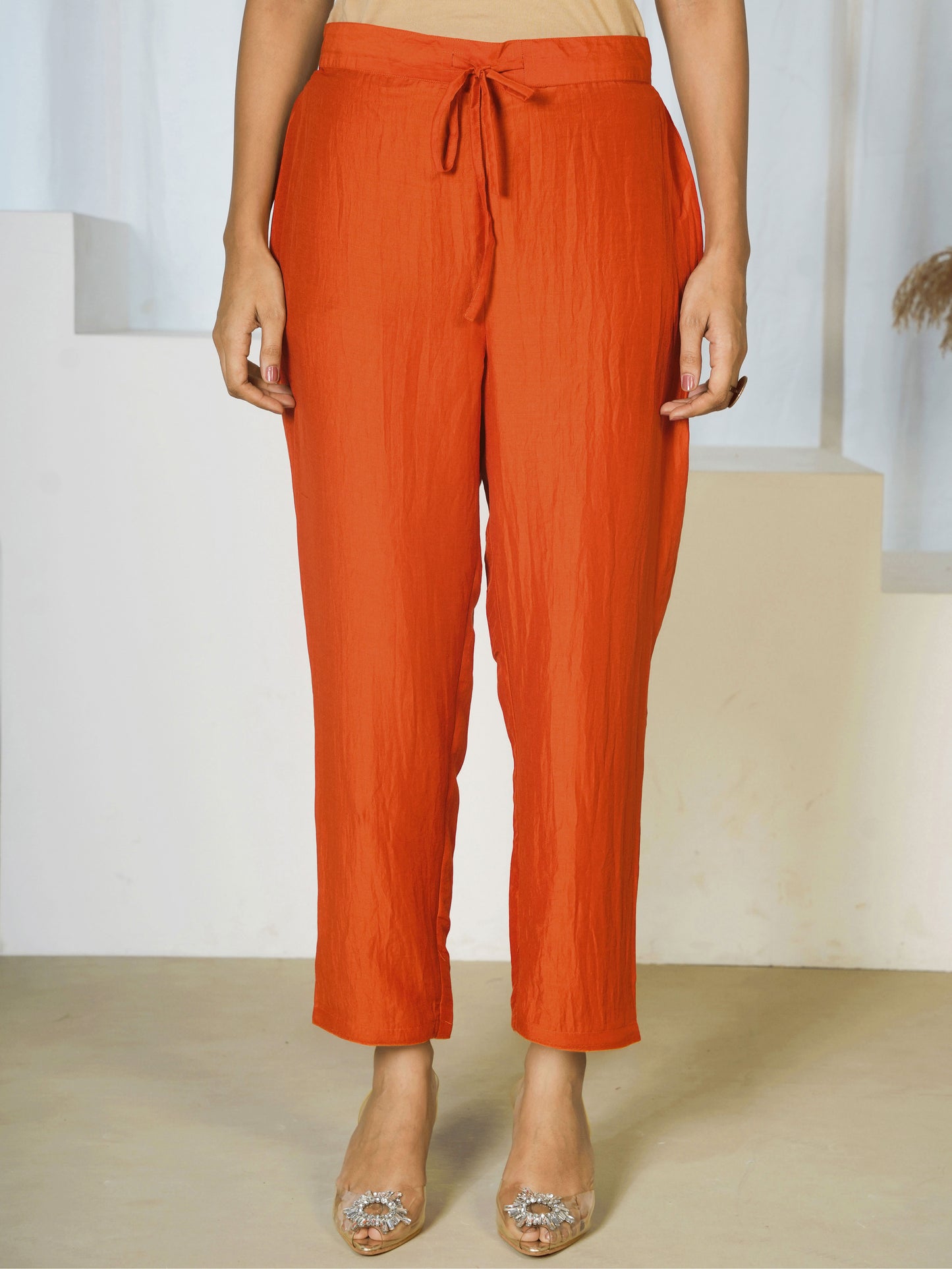 Embroidered Chanderi Solid A-line Rust Orange Kurta