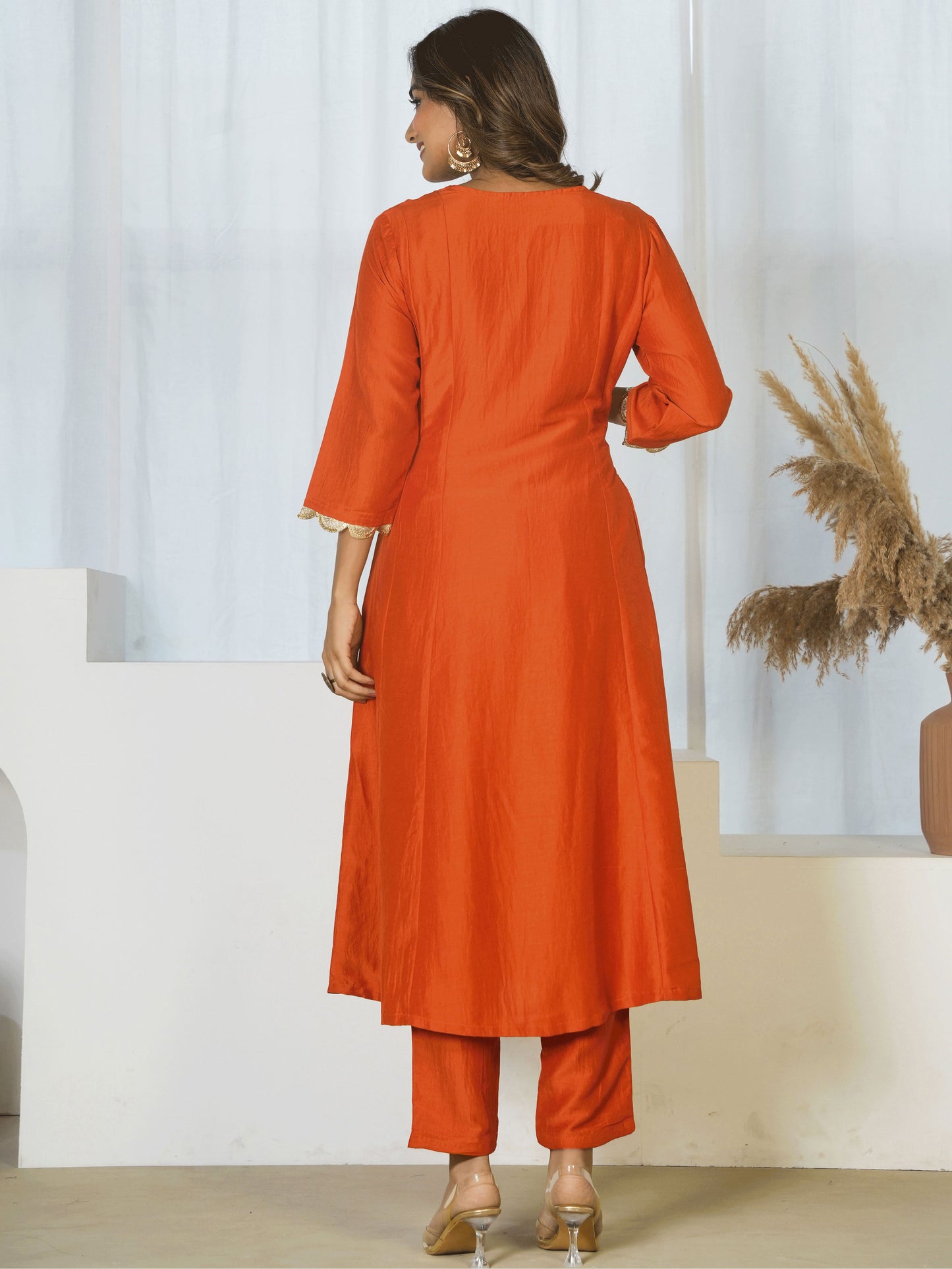 Embroidered Chanderi Solid A-line Rust Orange Kurta