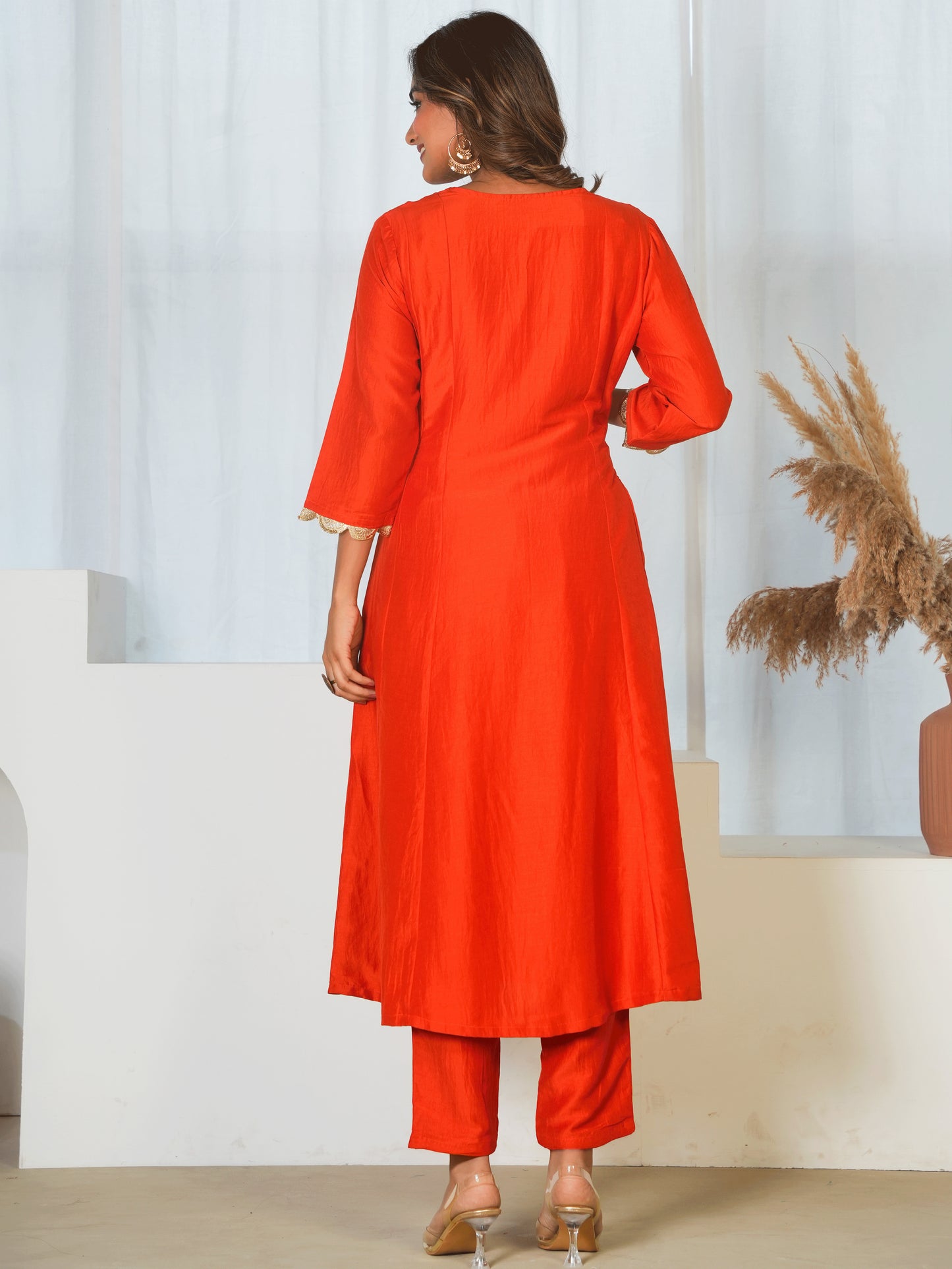 Embroidered Roman silk Solid Rust Orange Kurta