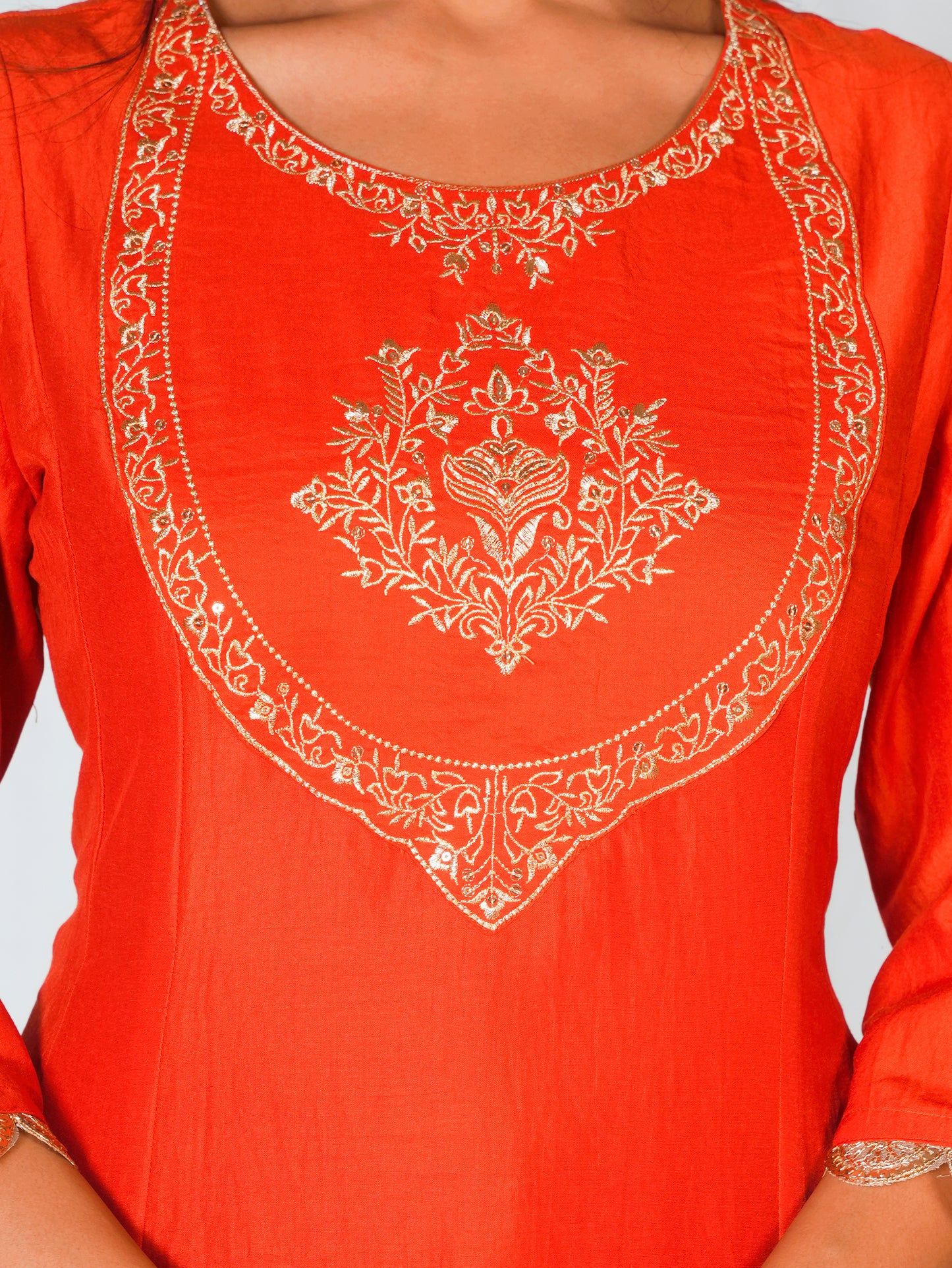 Embroidered Roman silk Solid Rust Orange Kurta