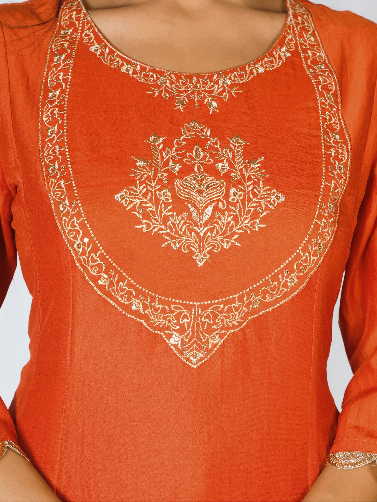 Embroidered Chanderi Solid A-line Rust Orange Kurta