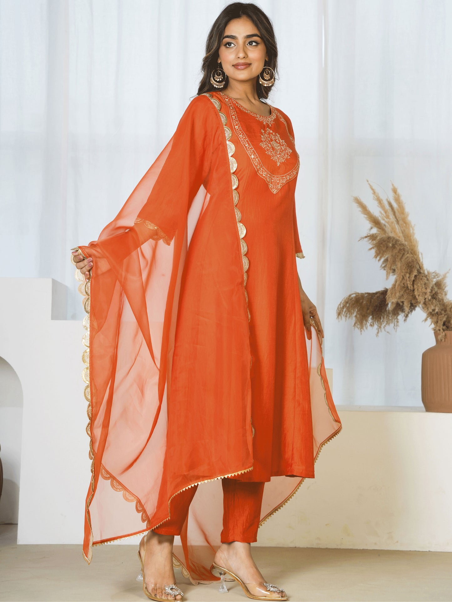 Embroidered Chanderi Solid A-line Rust Orange Kurta
