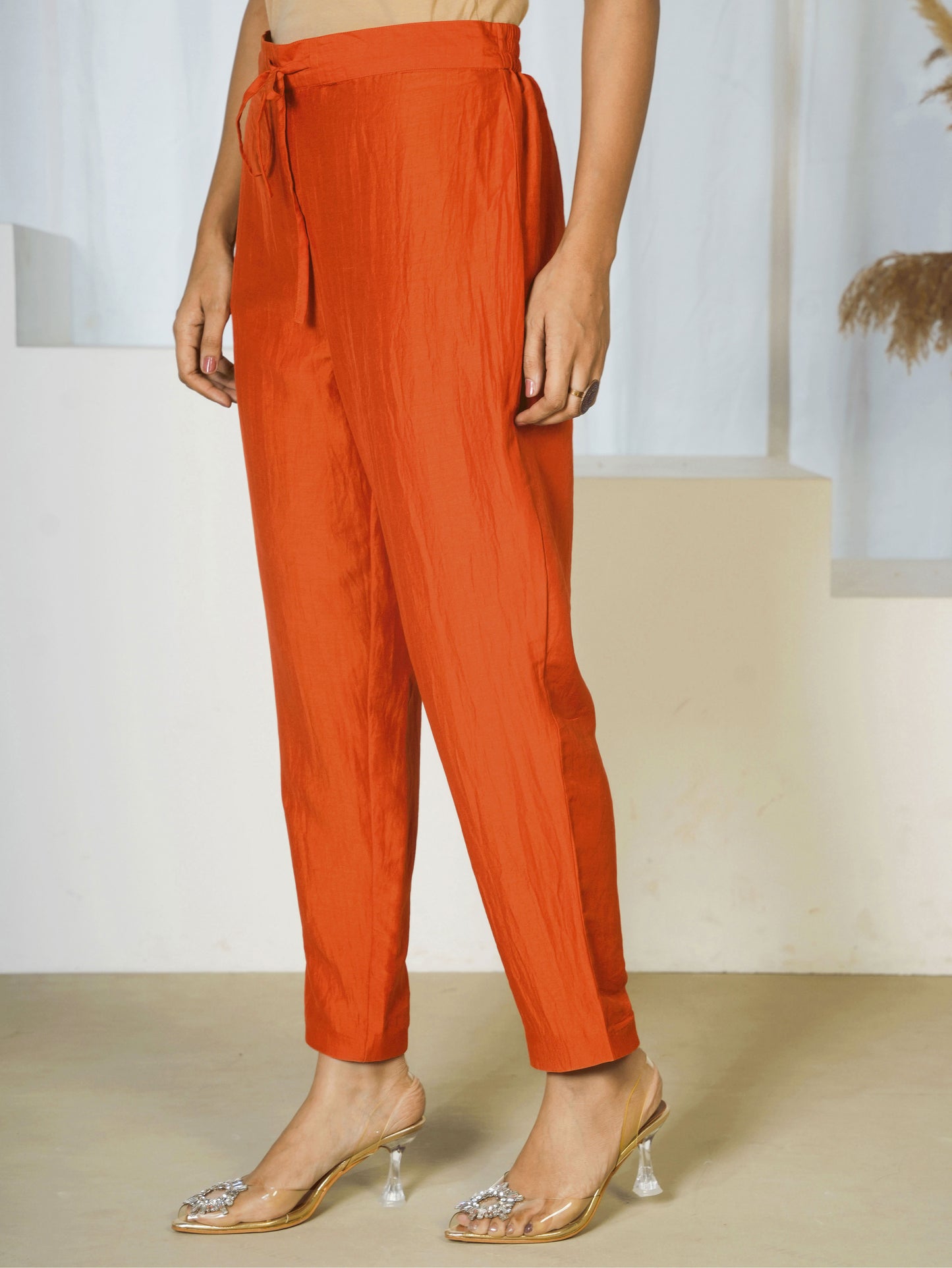 Embroidered Chanderi Solid A-line Rust Orange Kurta