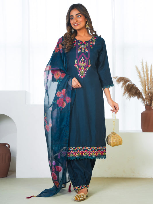 Organza Floral Teal Dupatta