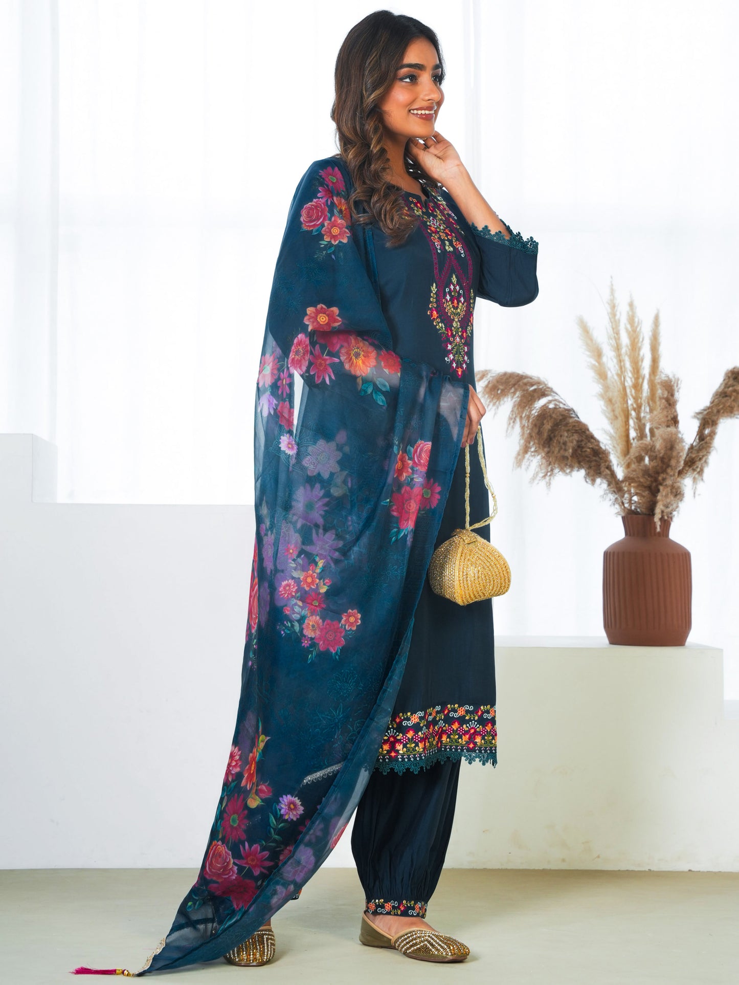 Organza Floral Teal Dupatta
