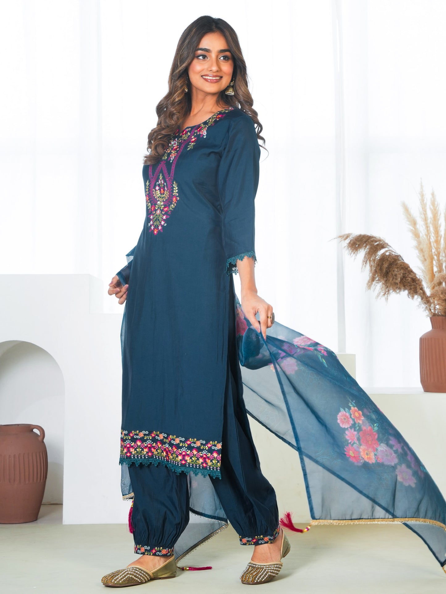 Organza Floral Teal Dupatta