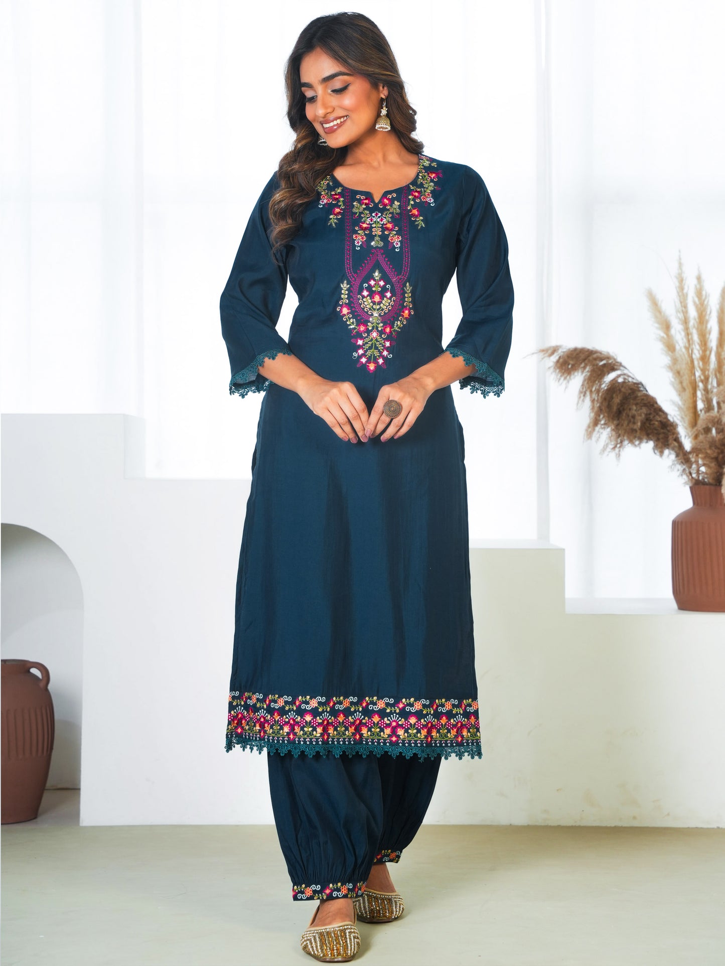 Embroidered Chanderi Solid Straight Teal Kurta