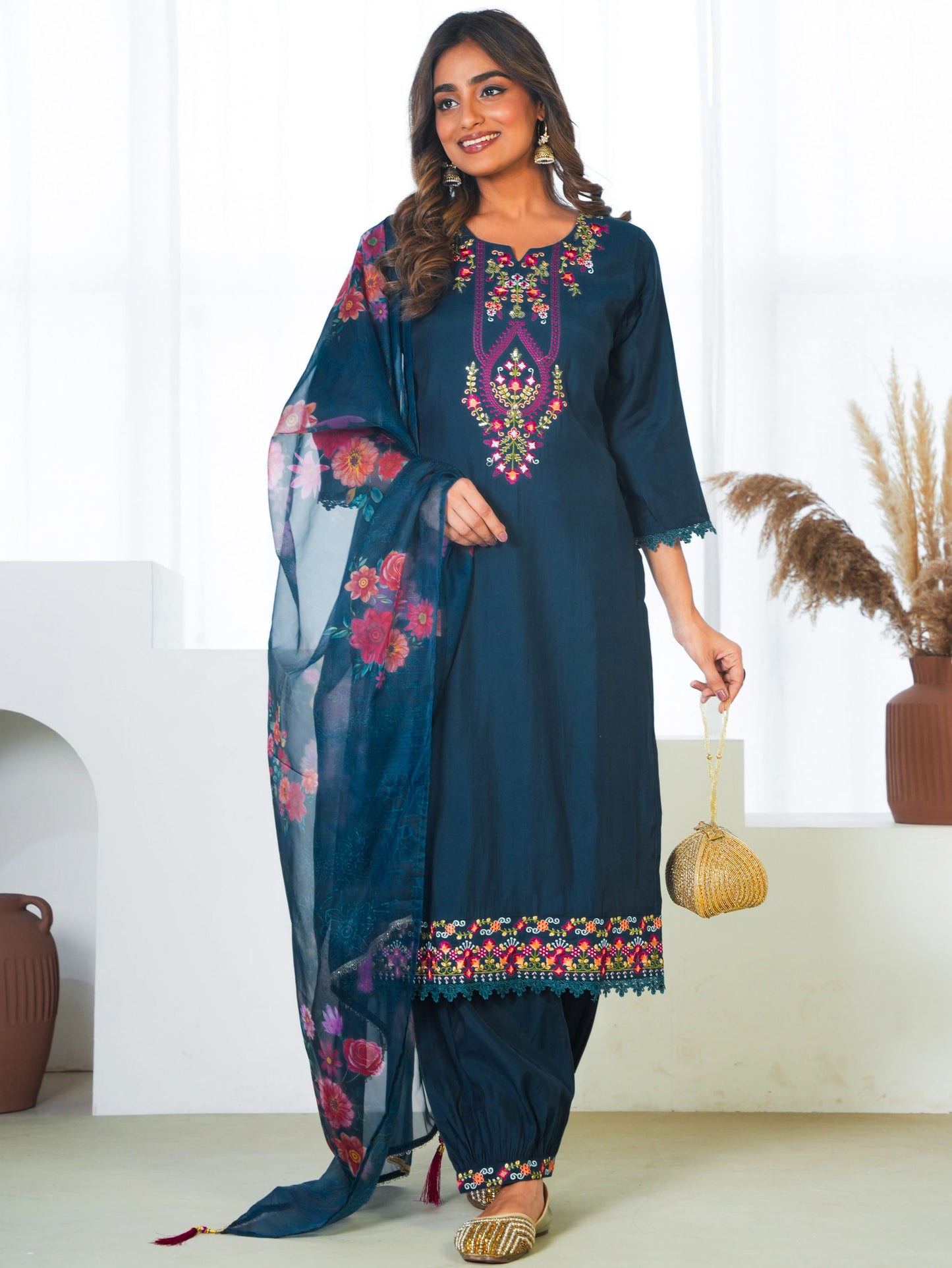 Embroidered Roman silk Solid Teal Kurta