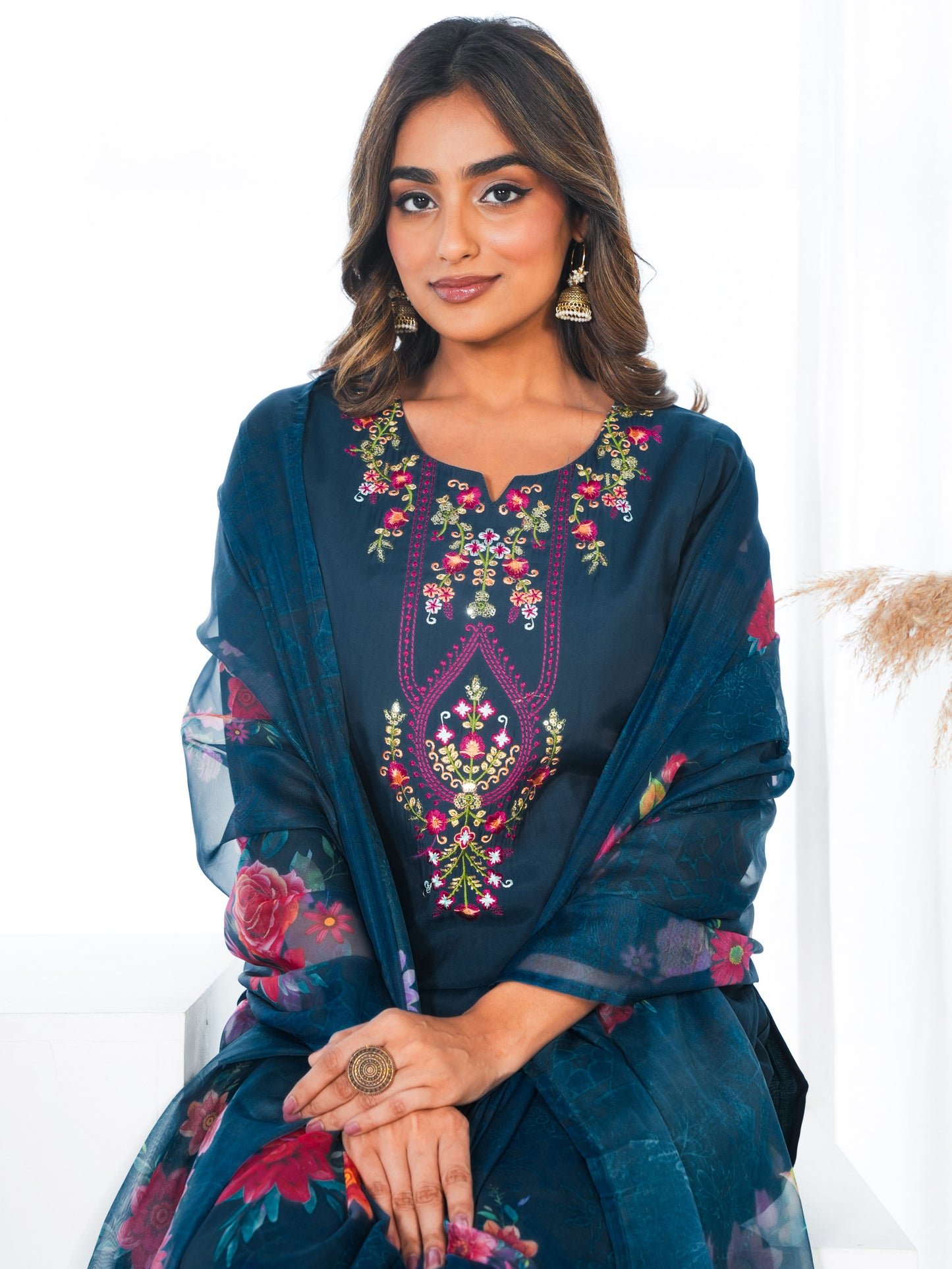 Embroidered Chanderi Solid Straight Teal Kurta