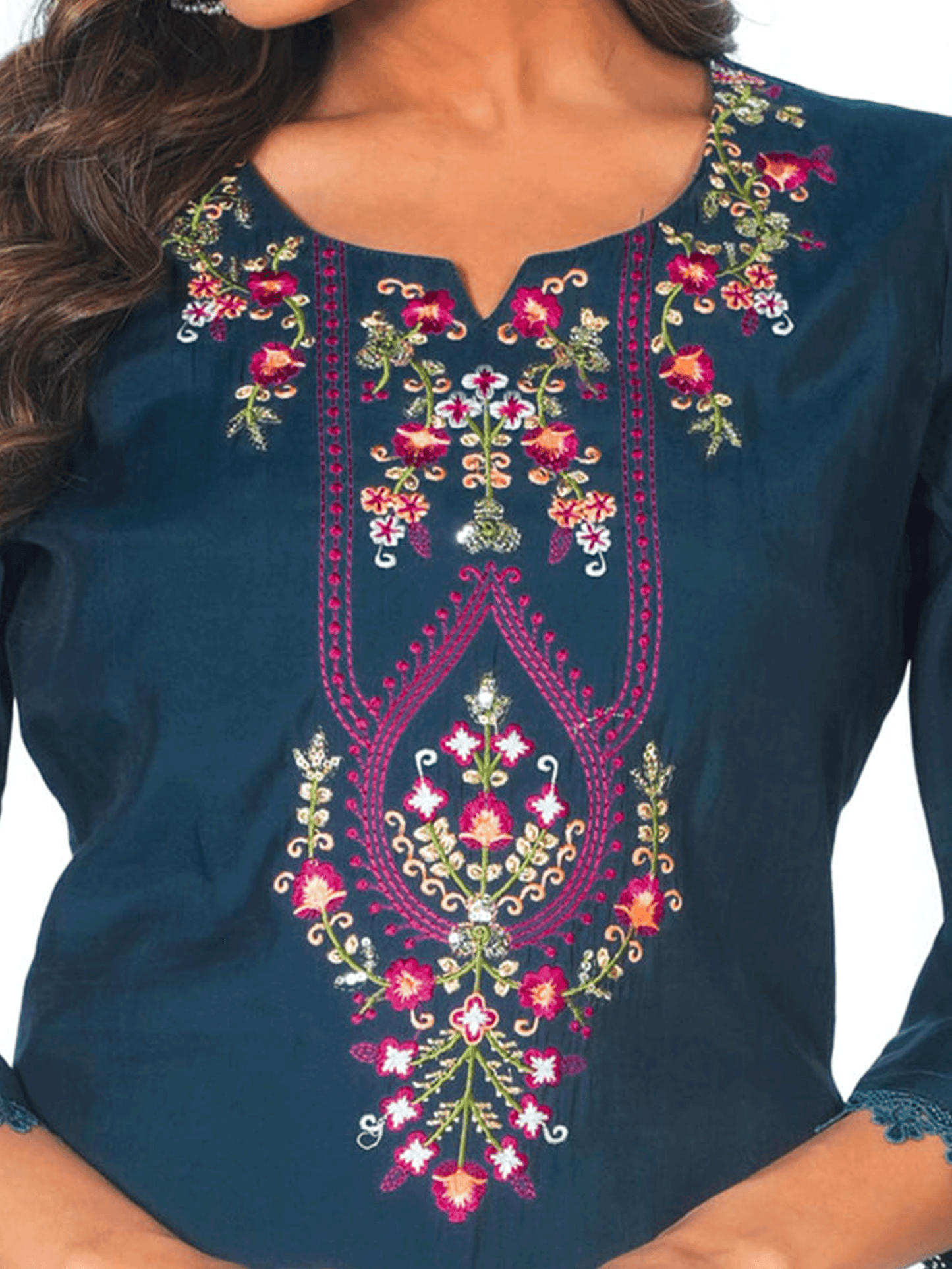 Embroidered Roman silk Solid Teal Kurta
