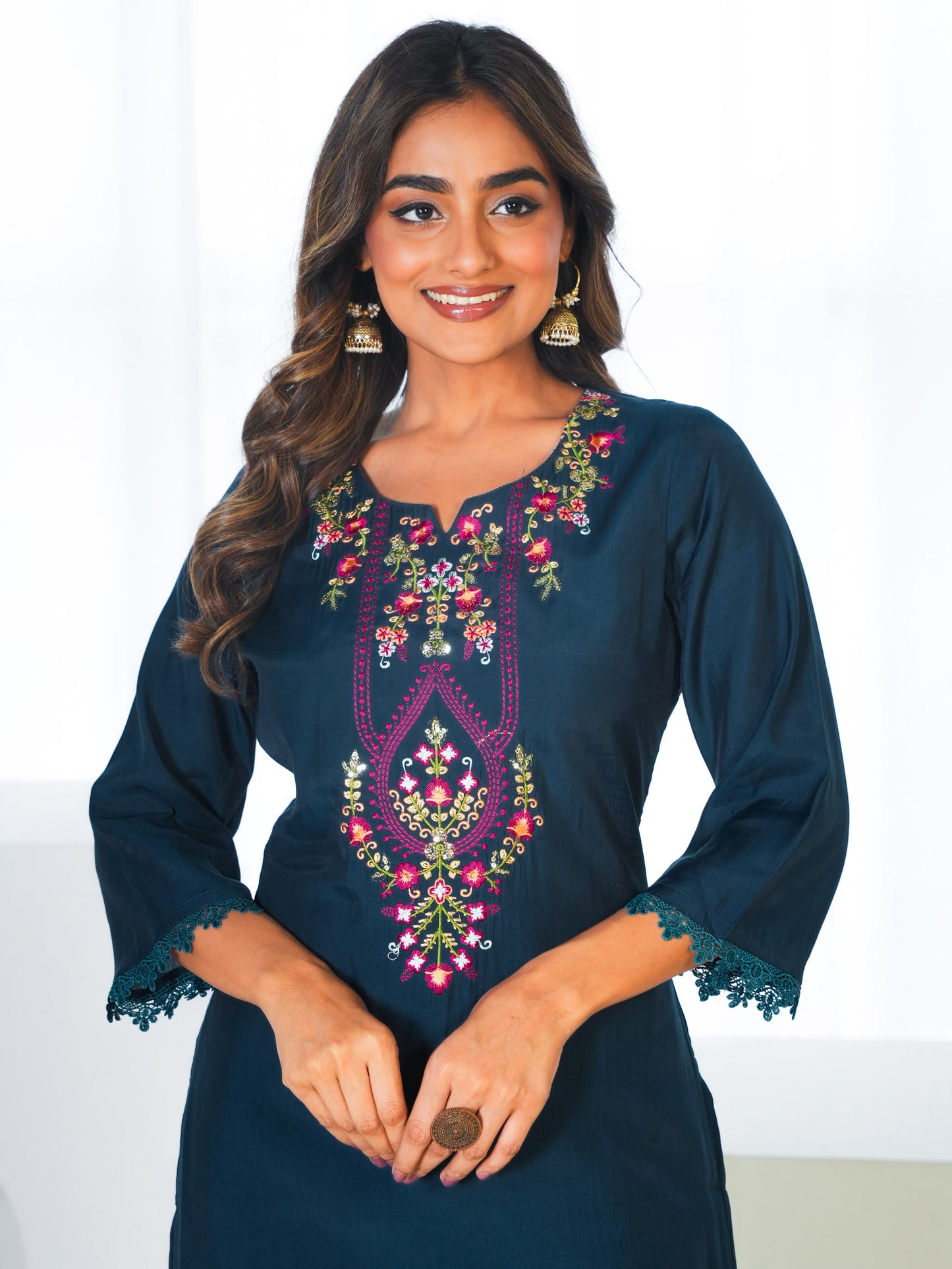 Embroidered Chanderi Solid Straight Teal Kurta
