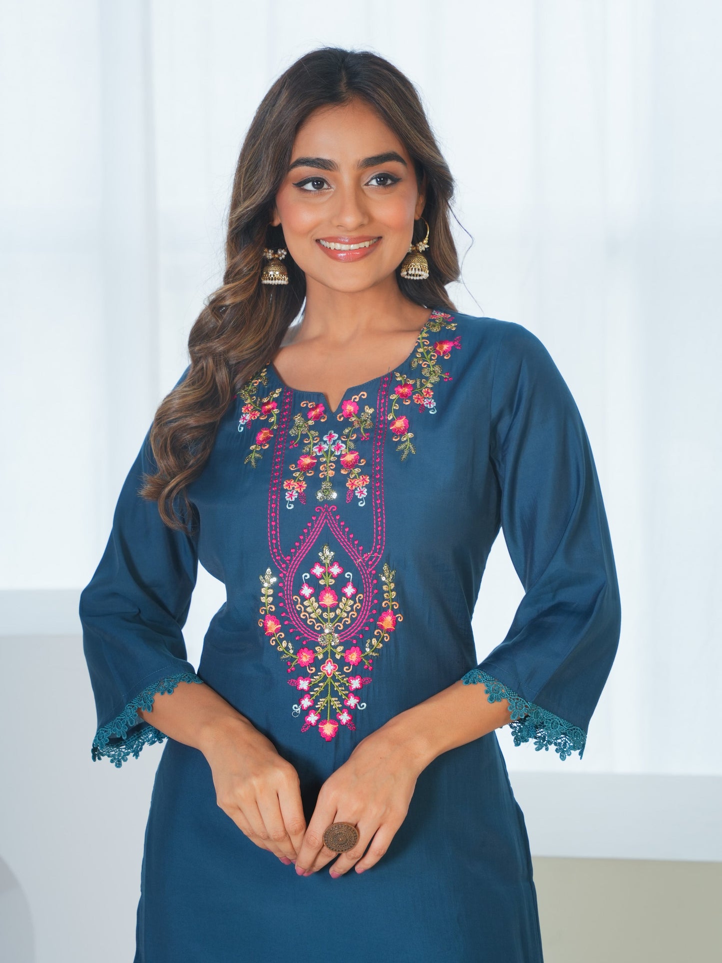 Embroidered Roman silk Solid Teal Kurta