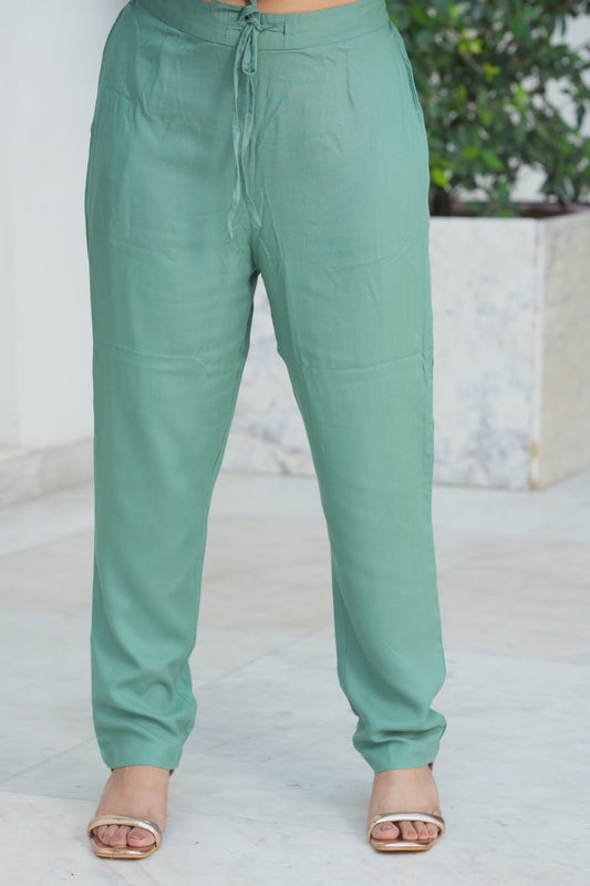 Viscose Solid Sage Green Trousers
