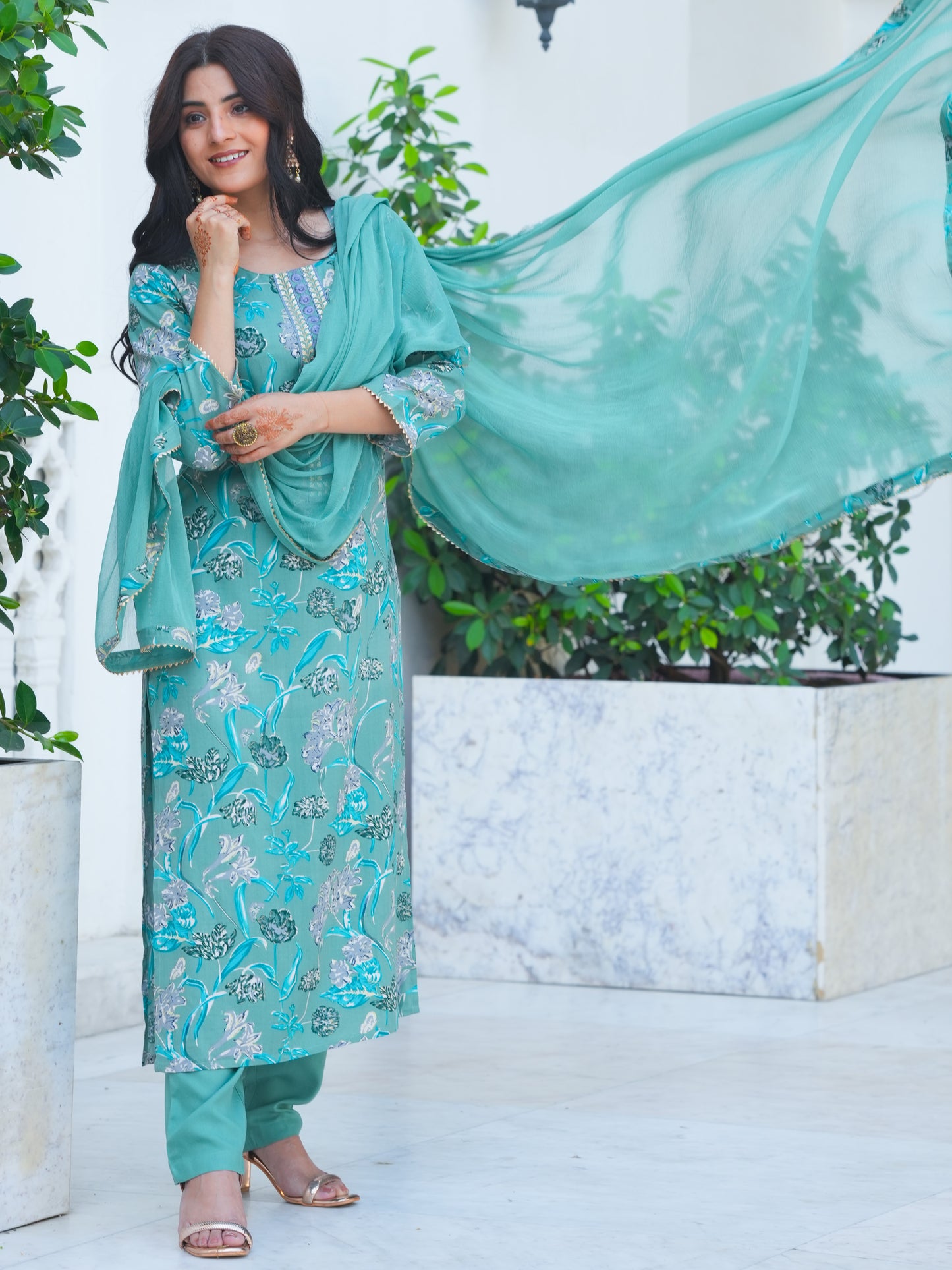 Embroidered Soft Cotton Floral Sage Green Kurta