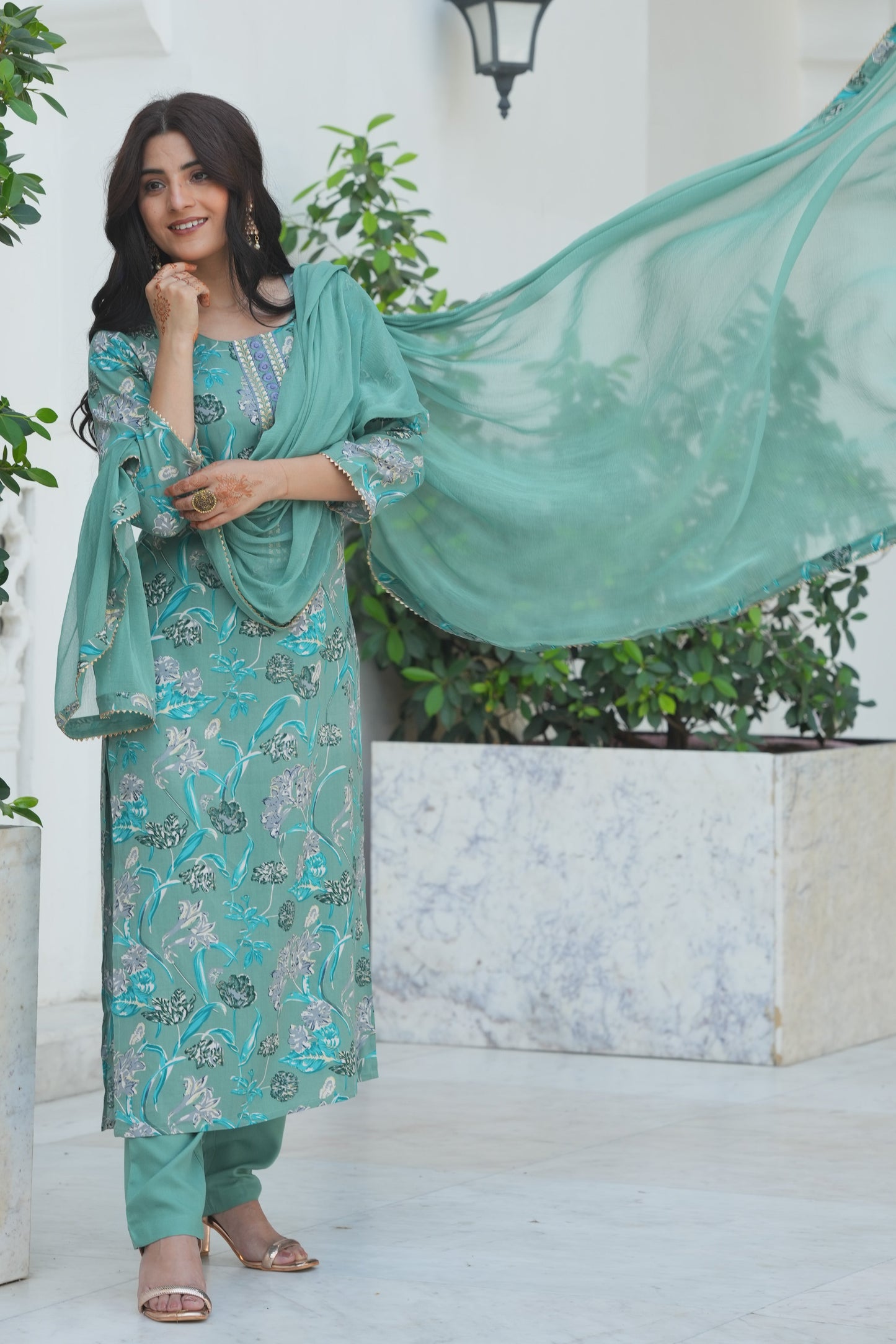 Embroidered Soft Cotton Floral Sage Green Kurta