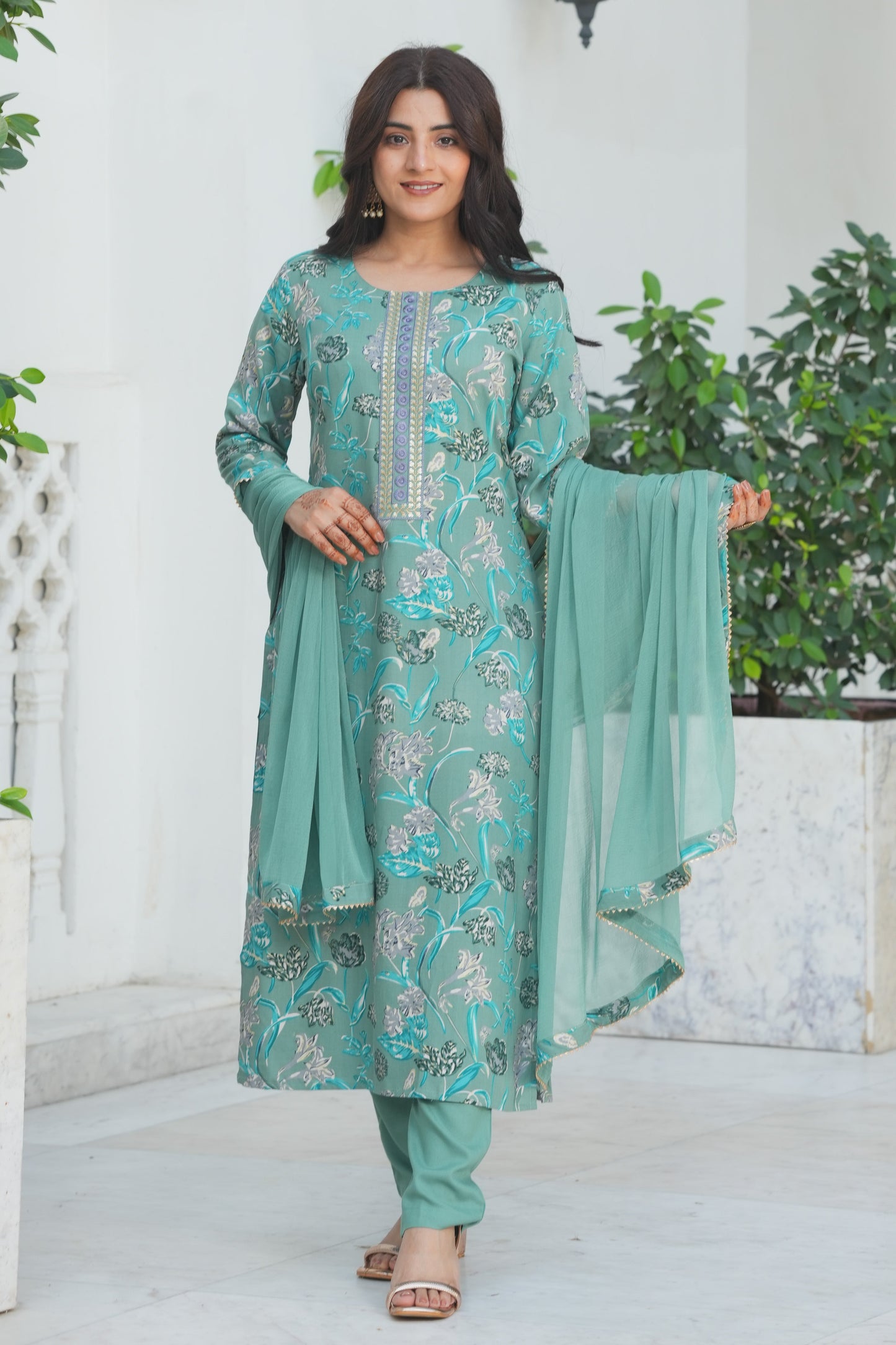 Embroidered Soft Cotton Floral Sage Green Kurta