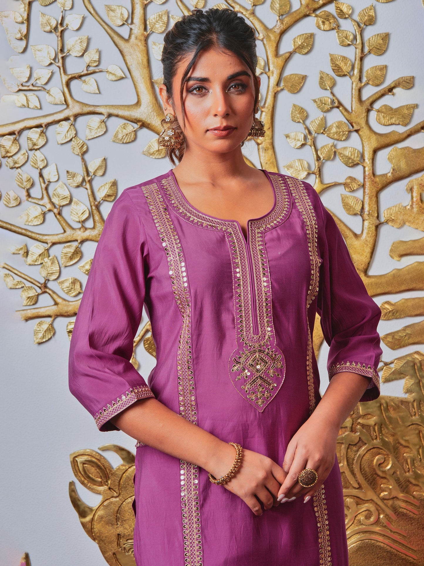 Embroidered Chanderi Solid Onion Pink Kurta