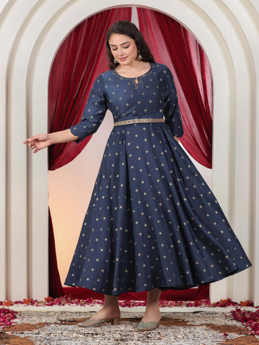 Embroidered Blended Silk Gold foil Anarkali Blue Dress