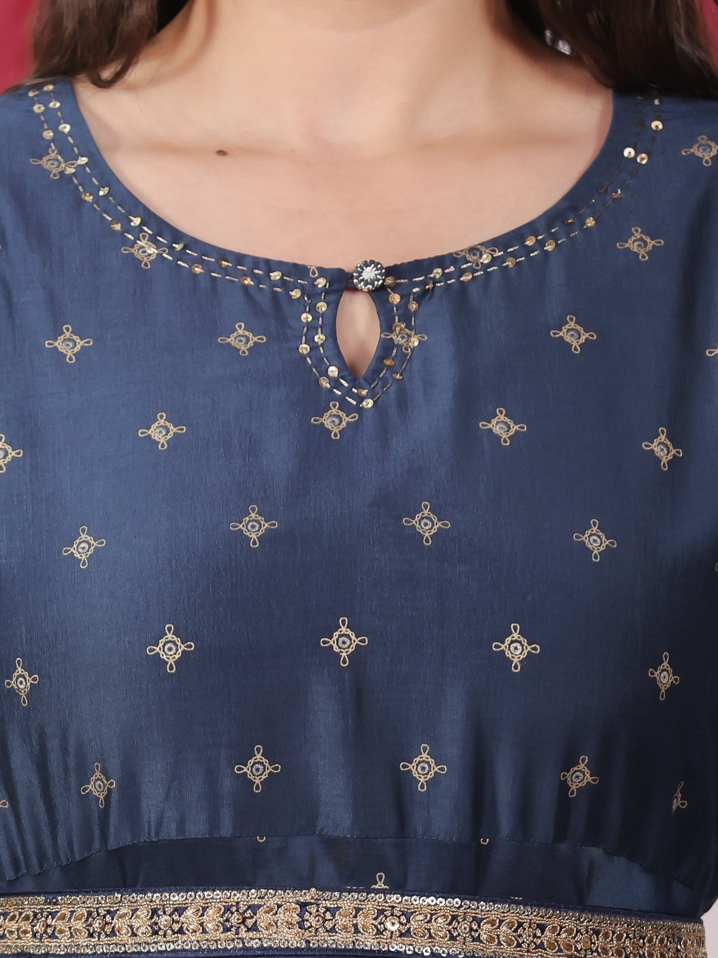 Embroidered Muslin Gold foil Anarkali Blue Dress
