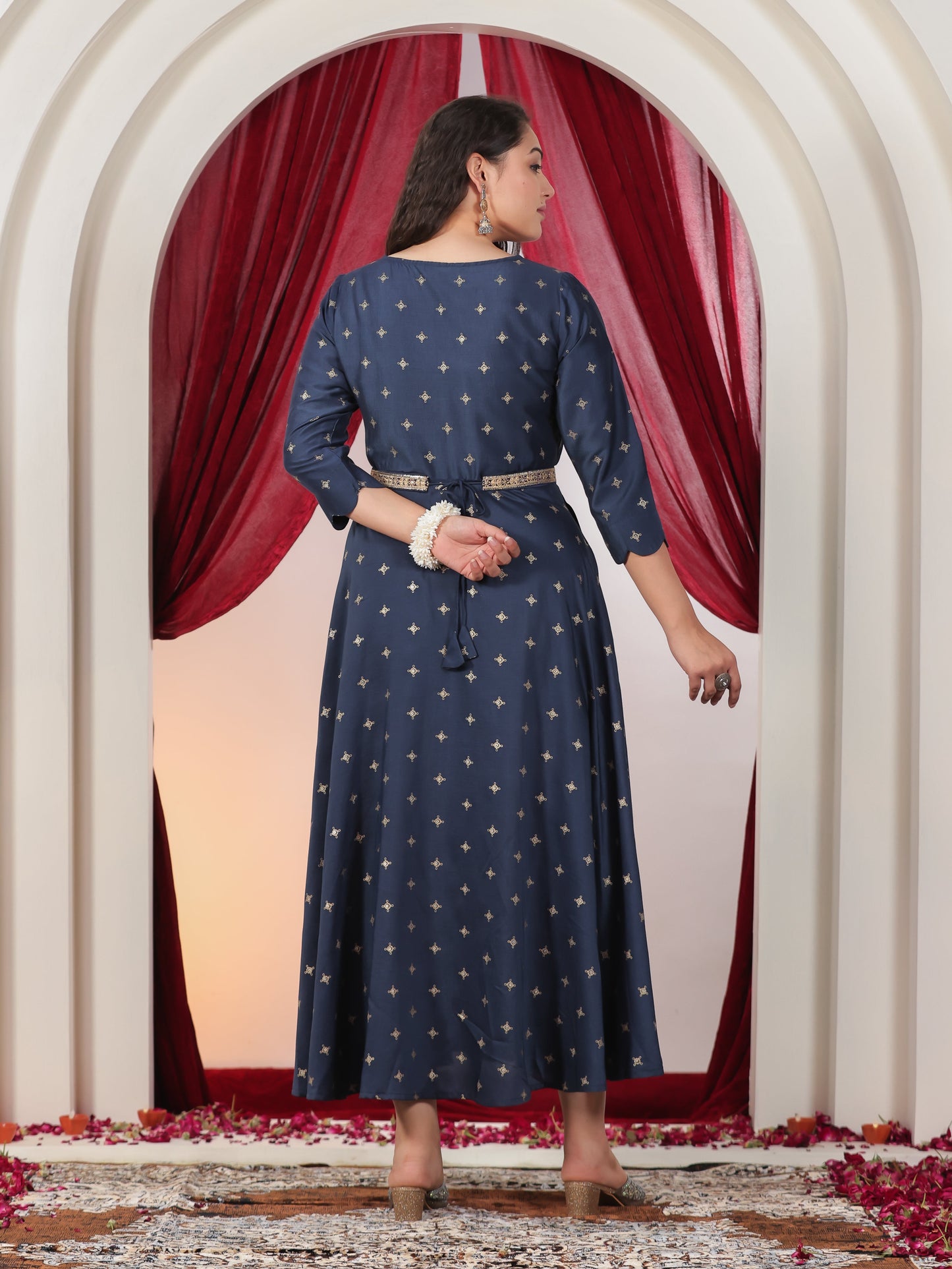 Embroidered Muslin Gold foil Anarkali Blue Dress