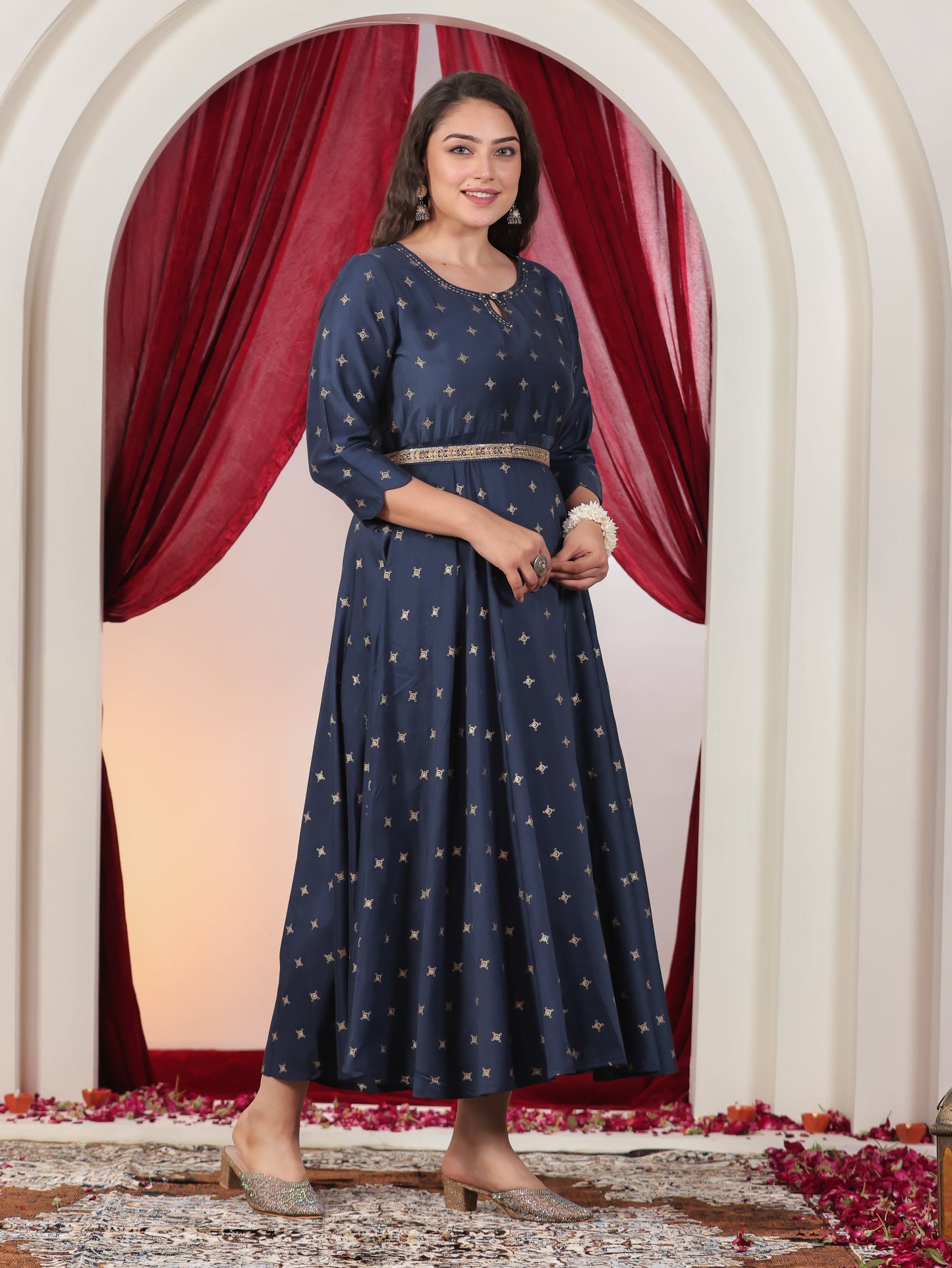 Embroidered Muslin Gold foil Anarkali Blue Dress