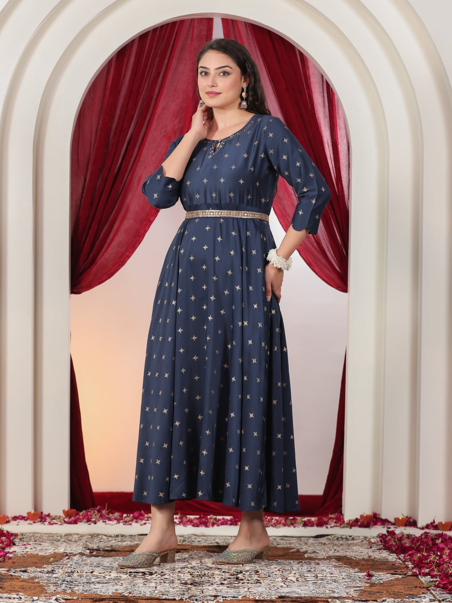 Embroidered Muslin Gold foil Anarkali Blue Dress