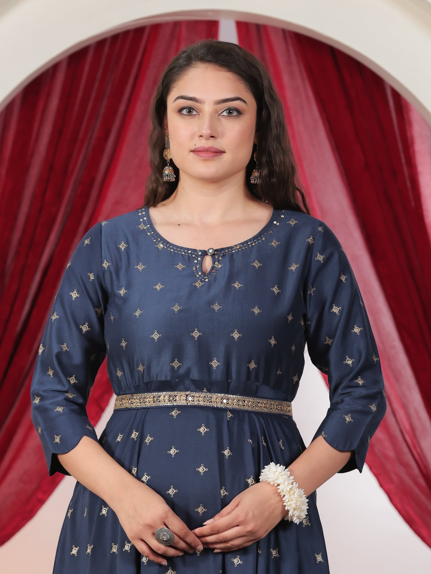 Embroidered Muslin Gold foil Anarkali Blue Dress