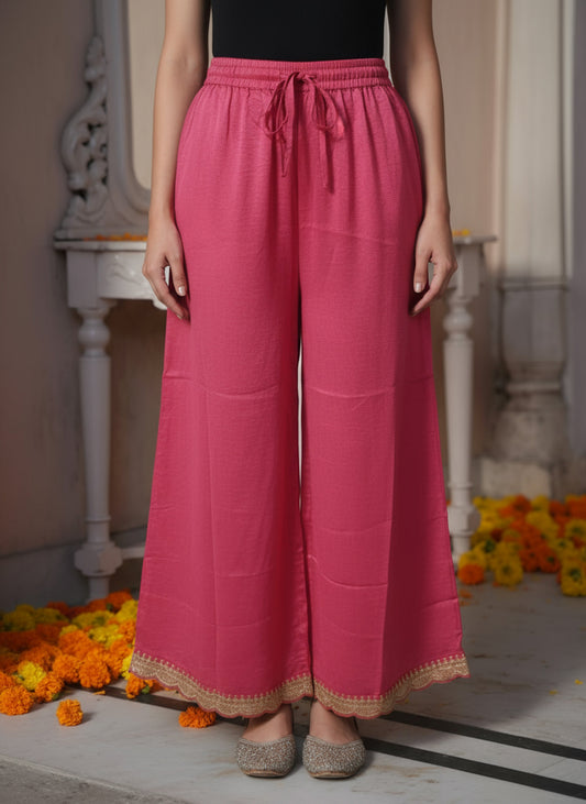 Embroidered Poly Silk Coral Palazzo