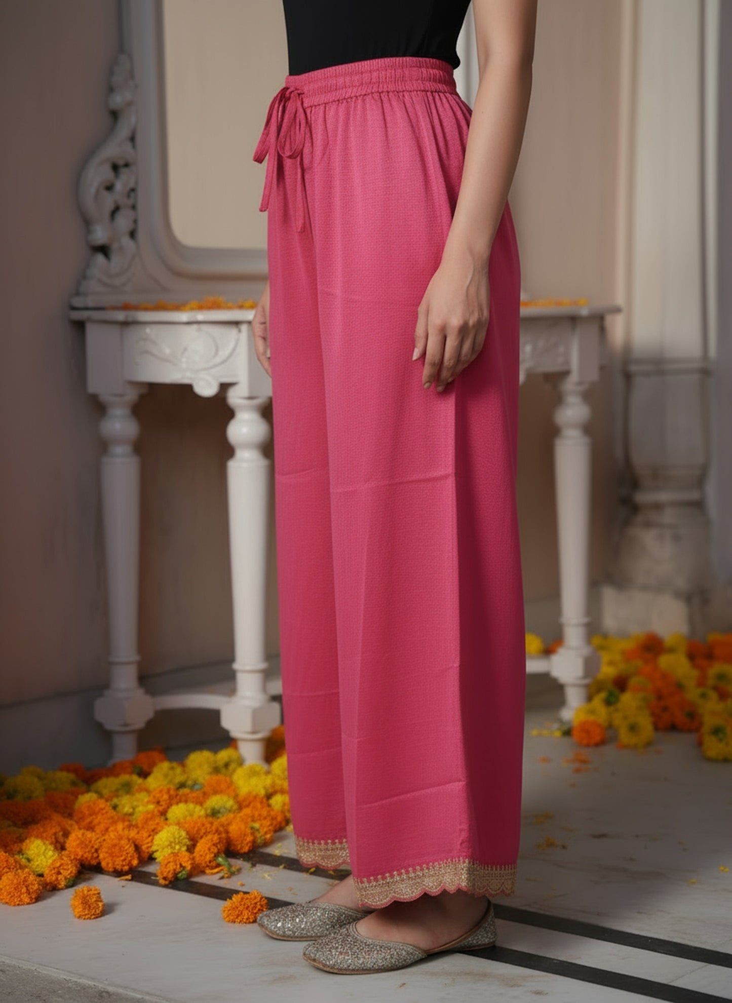 Embroidered Blended Silk Coral Palazzo
